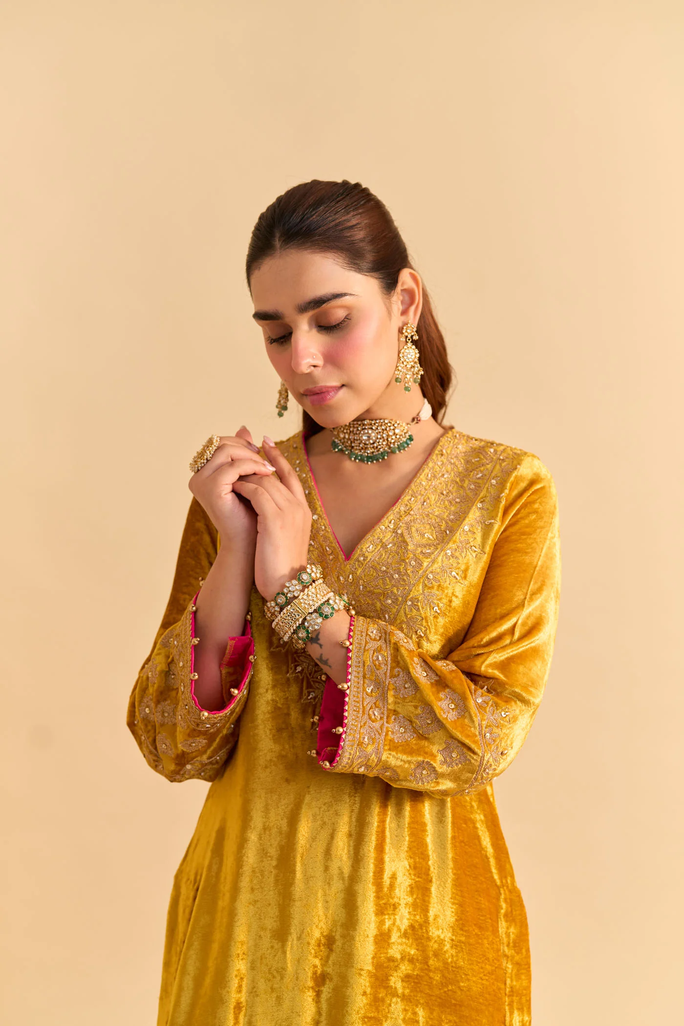 Aynaz - Silk Velvet Heirloom Mustard Kurta with Salwar - Image 4