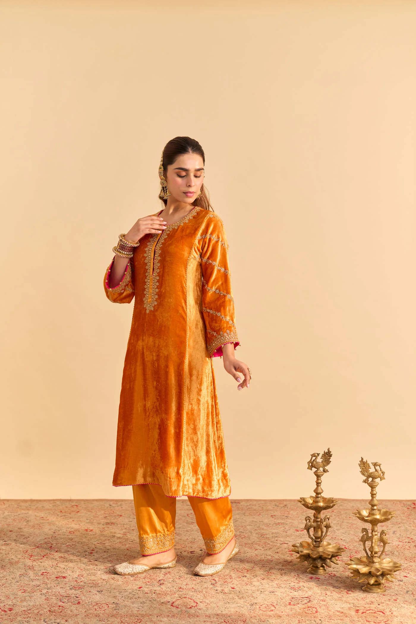 Azmiya - Silk Velvet Orange Chauga with Salwar