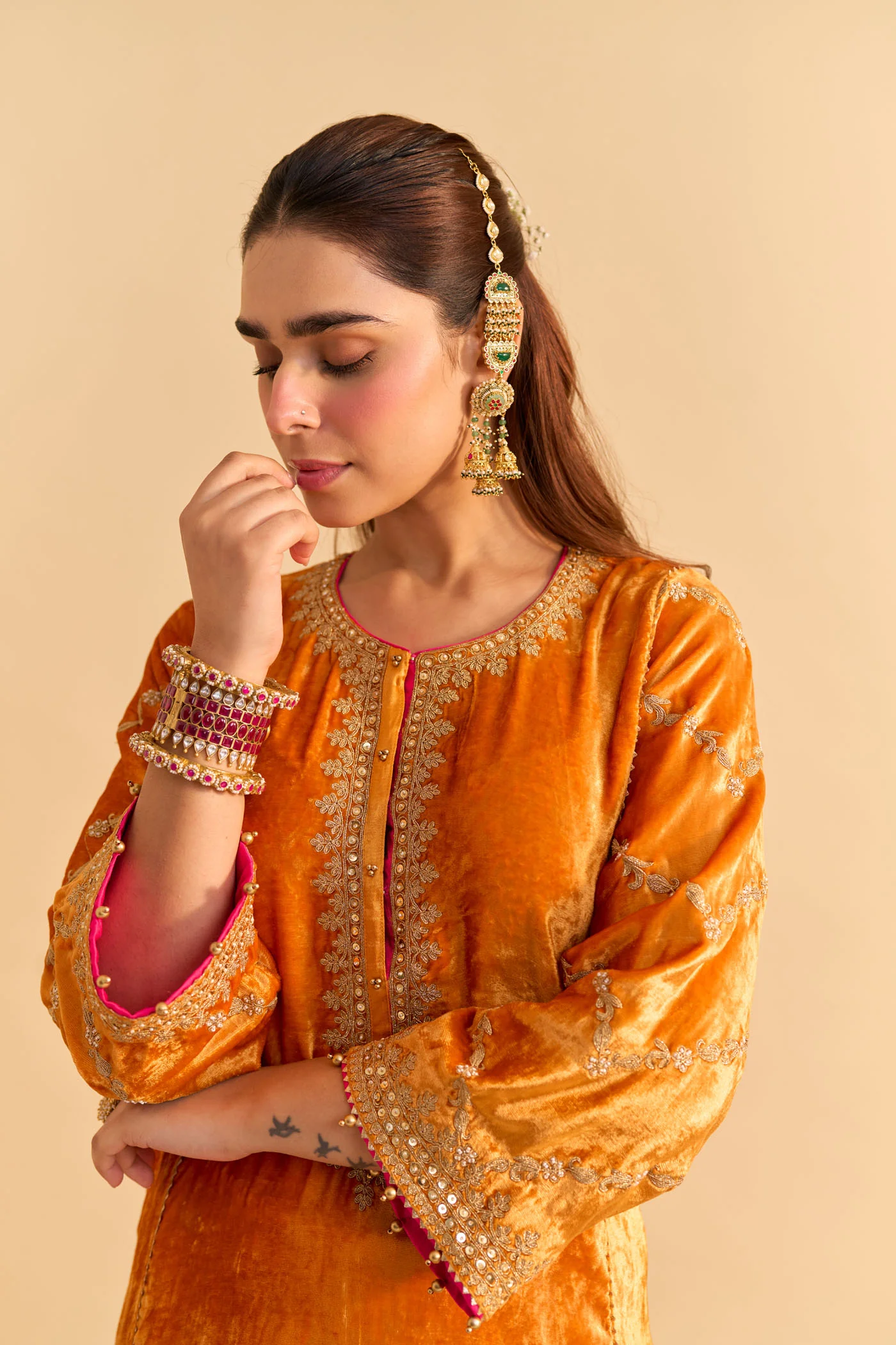 Azmiya - Silk Velvet Orange Chauga with Salwar - Image 2