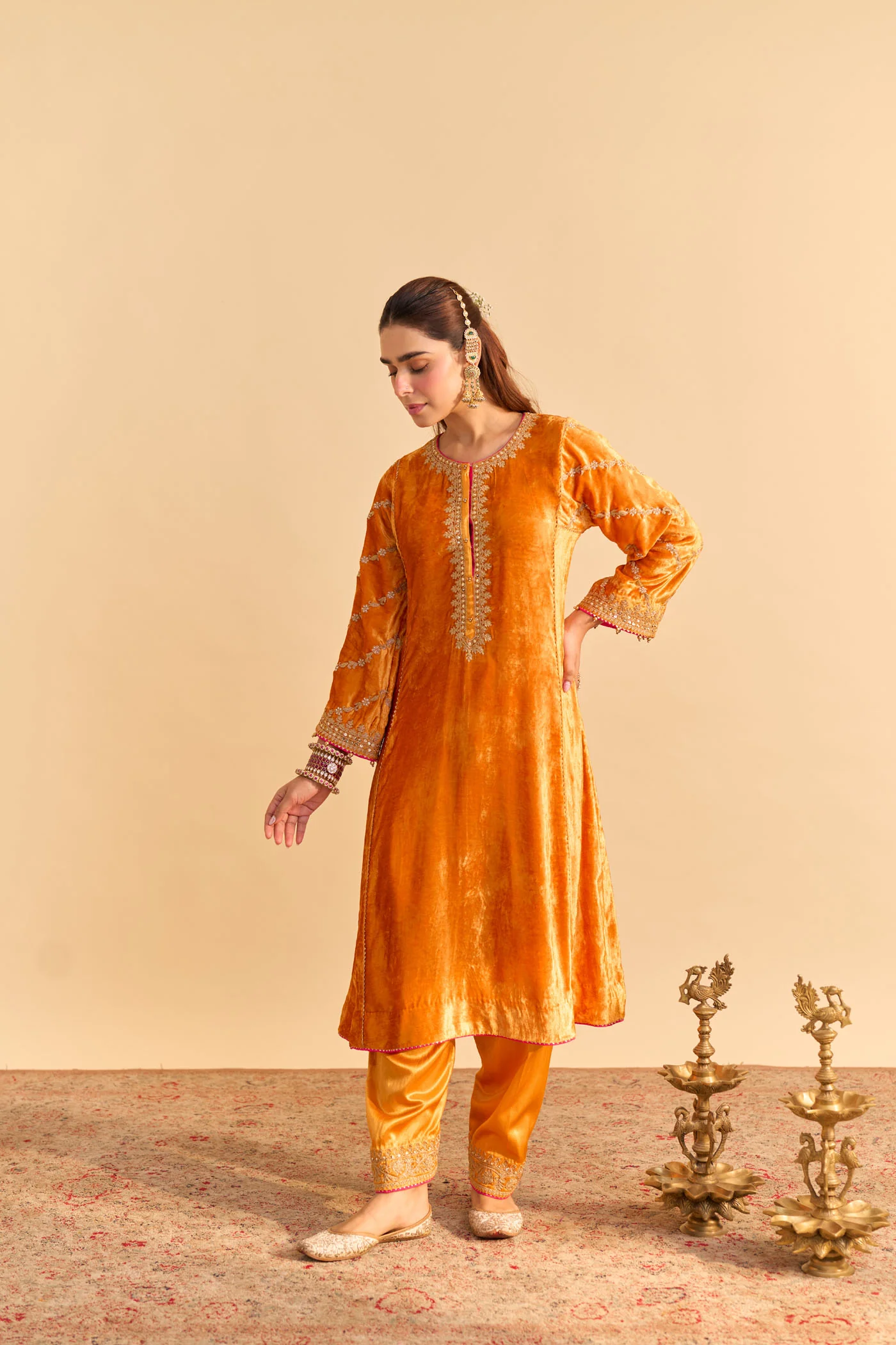 Azmiya - Silk Velvet Orange Chauga with Salwar - Image 3
