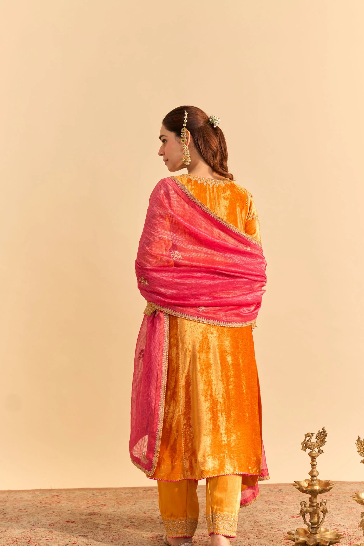 Azmiya - Silk Velvet Orange Chauga with Salwar - Image 4