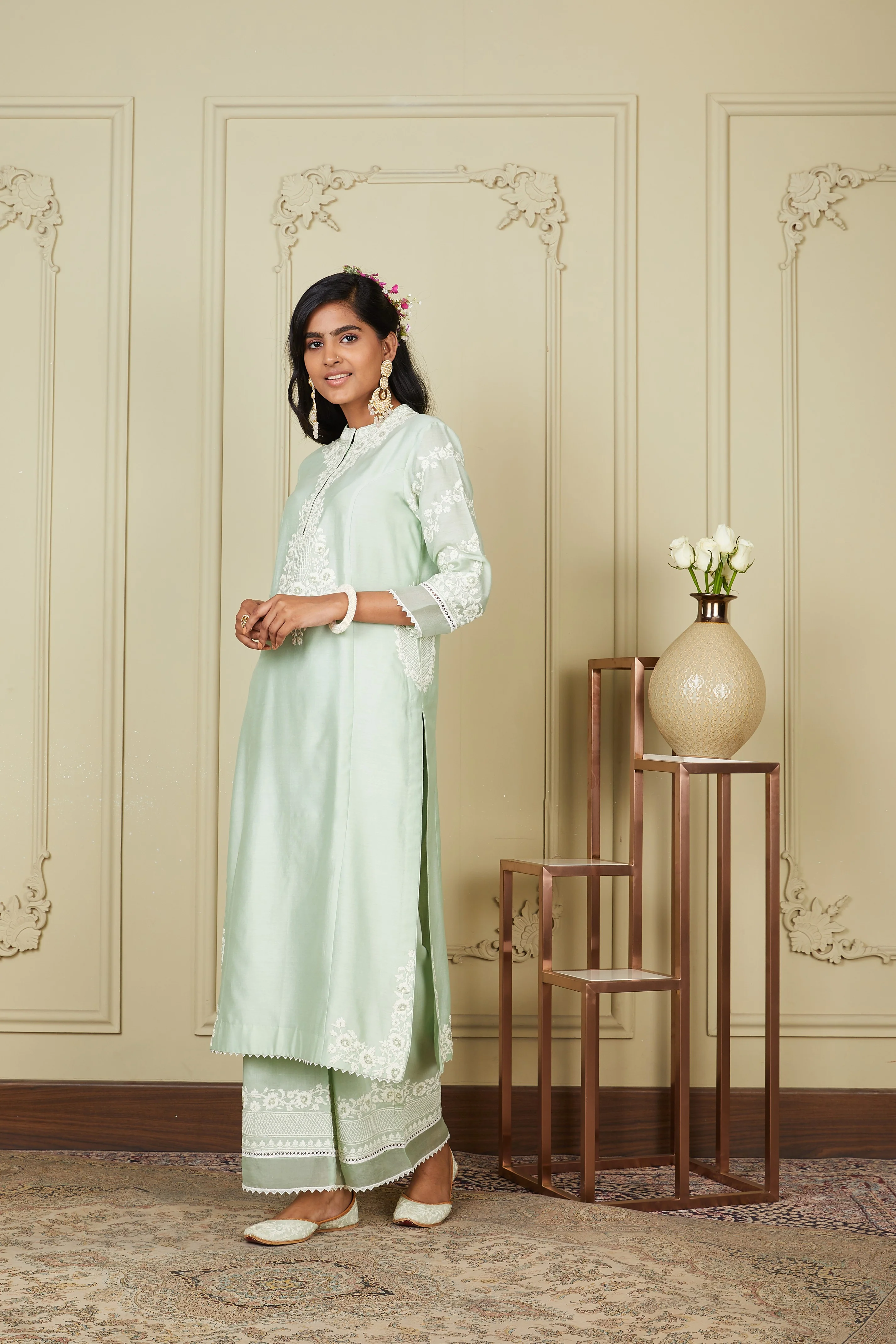 Banafsha - Frosty Green Long kurta with palazzo - Image 3