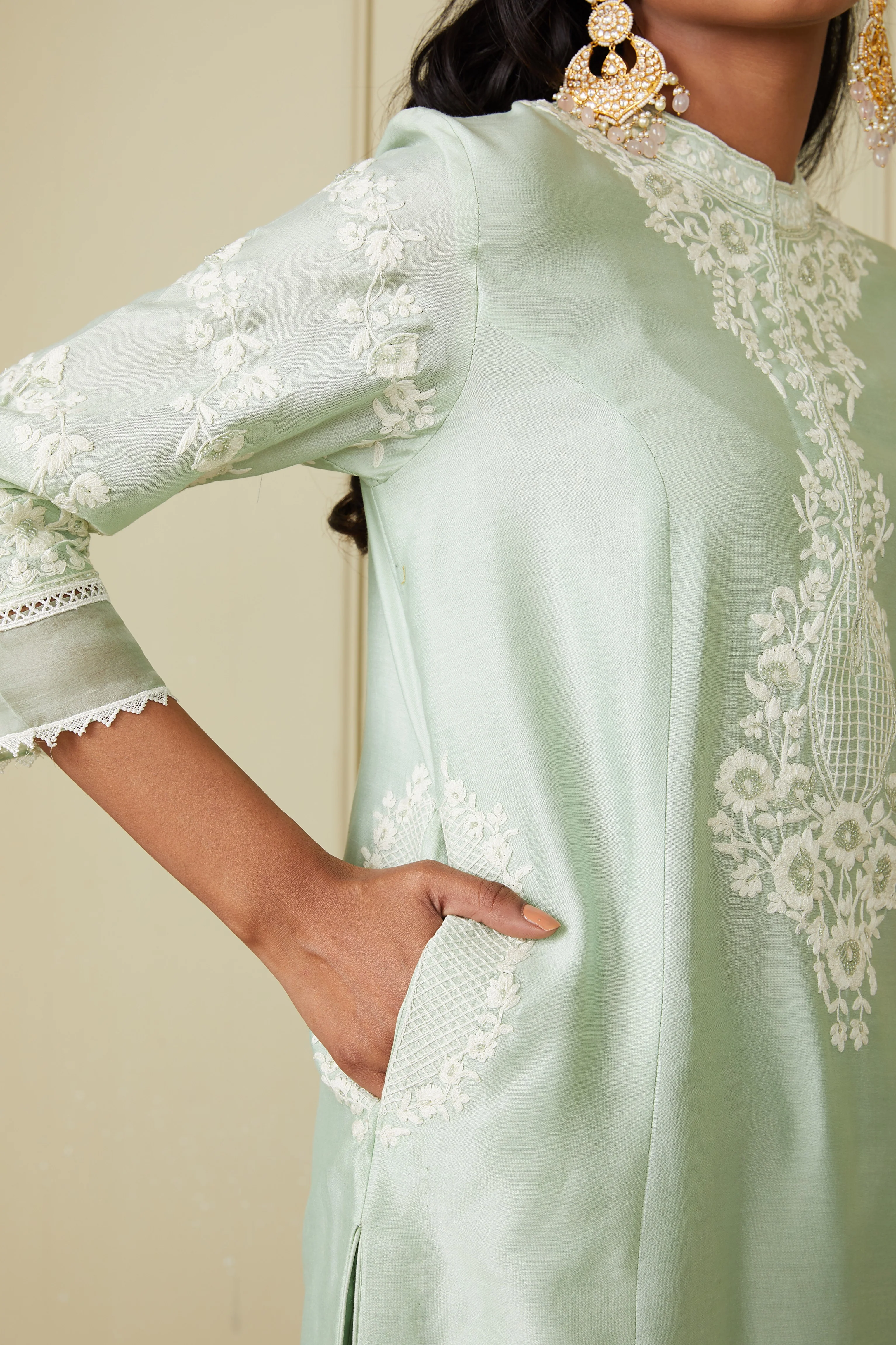Banafsha - Frosty Green Long kurta with palazzo - Image 4