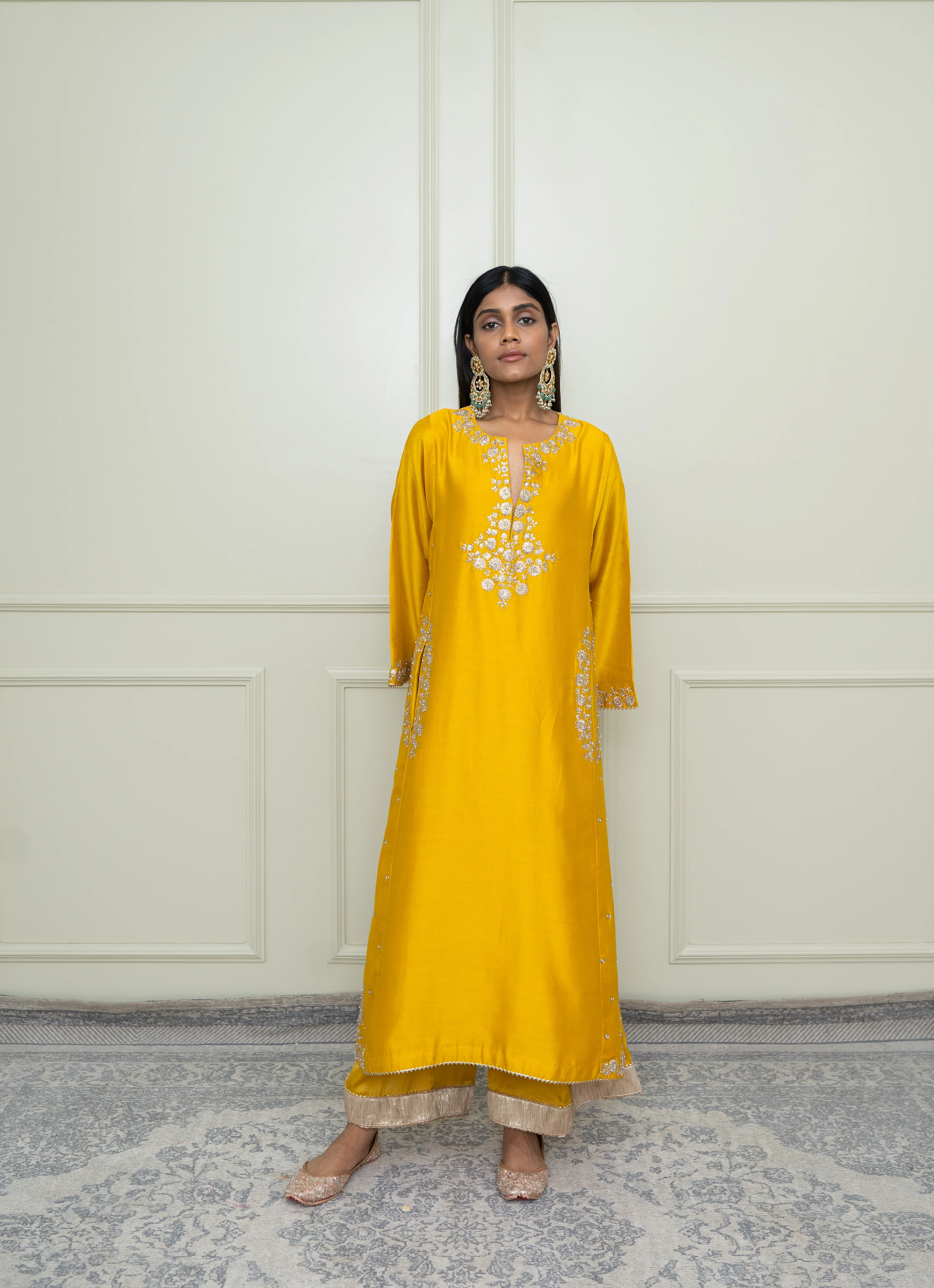 Basirah-Glaze Mustard Gota Embroidered Choga Kurta Set - Image 3