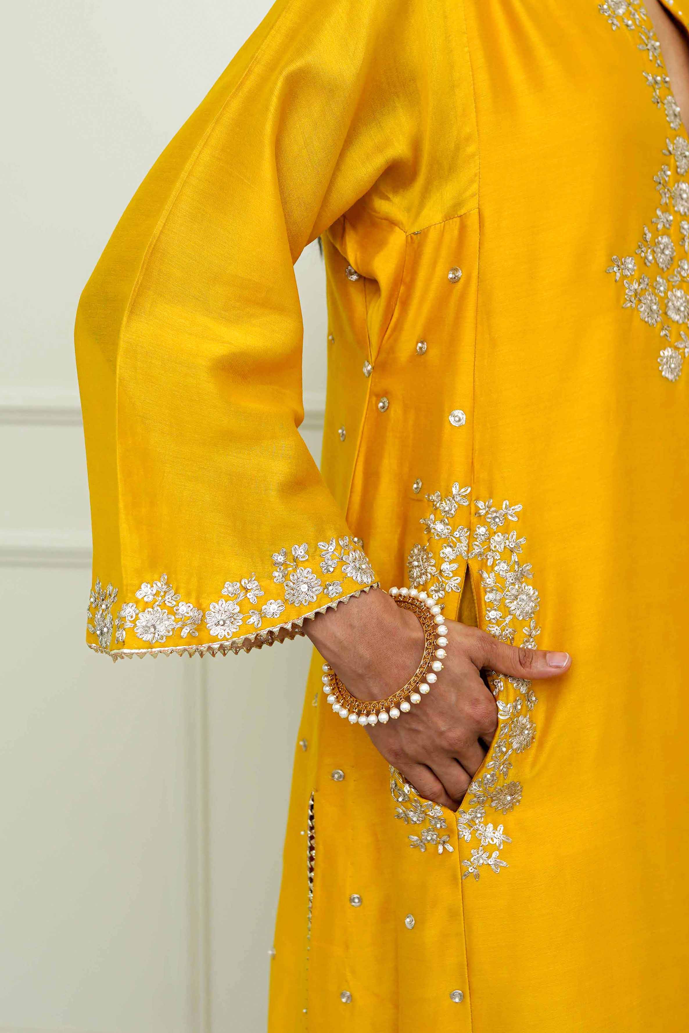 Basirah-Glaze Mustard Gota Embroidered Choga Kurta Set - Image 4