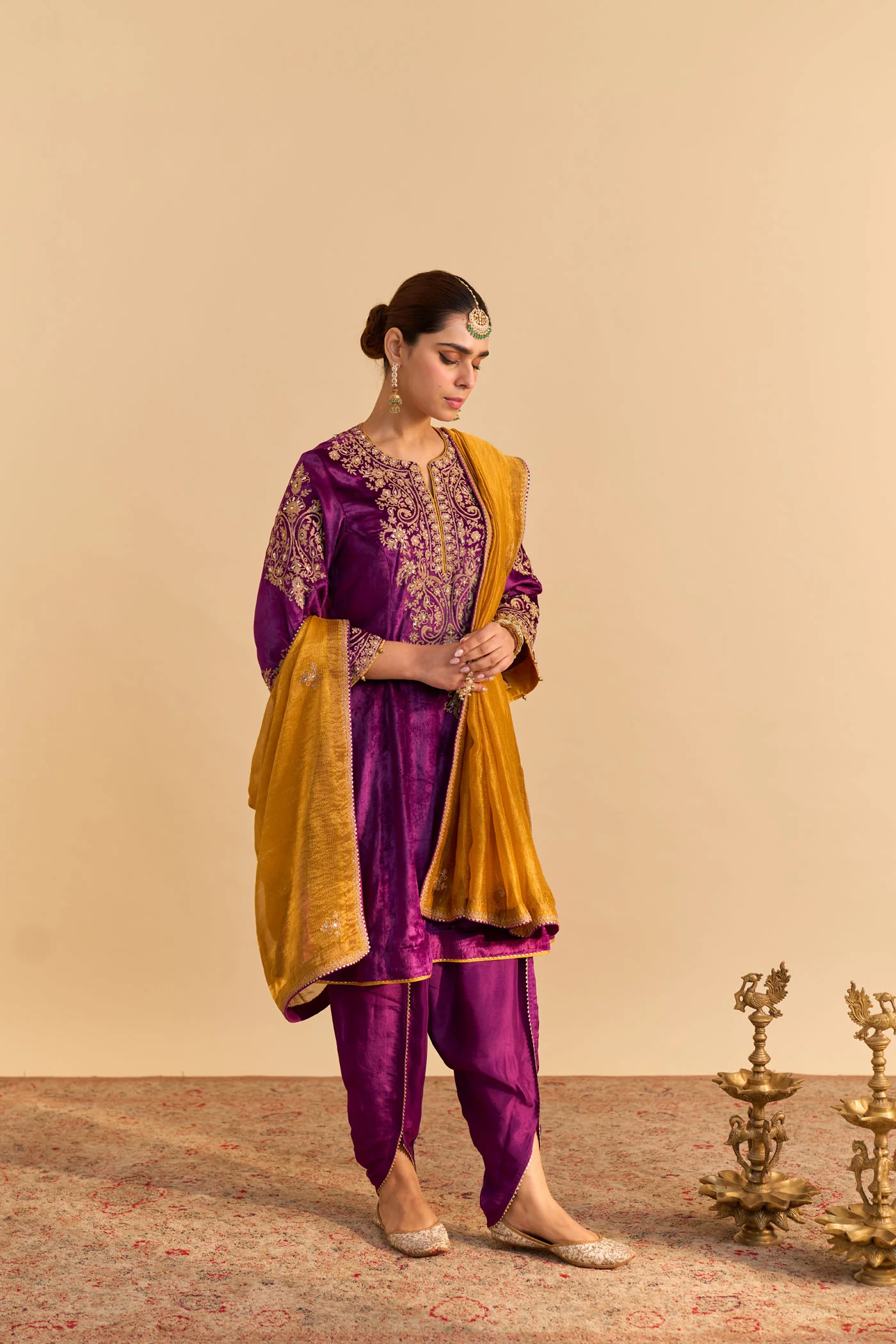 Deepti Dhillon In Eira - Silk Velvet Deep Purple A-line Kurta with Dhoti - Image 3