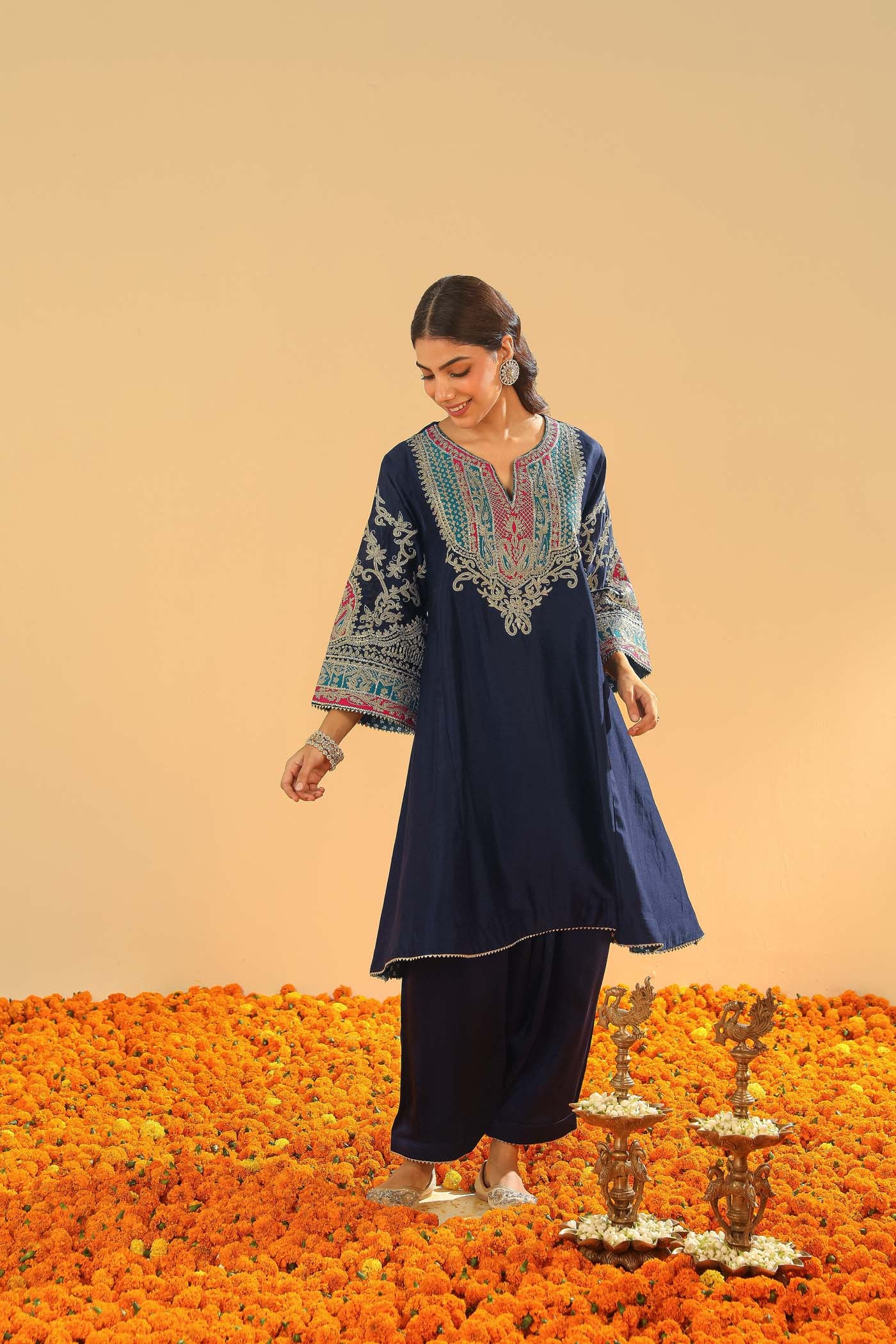 Mohsina - Dark Blue Short Kalidaar Chauga with Salwar - Image 3