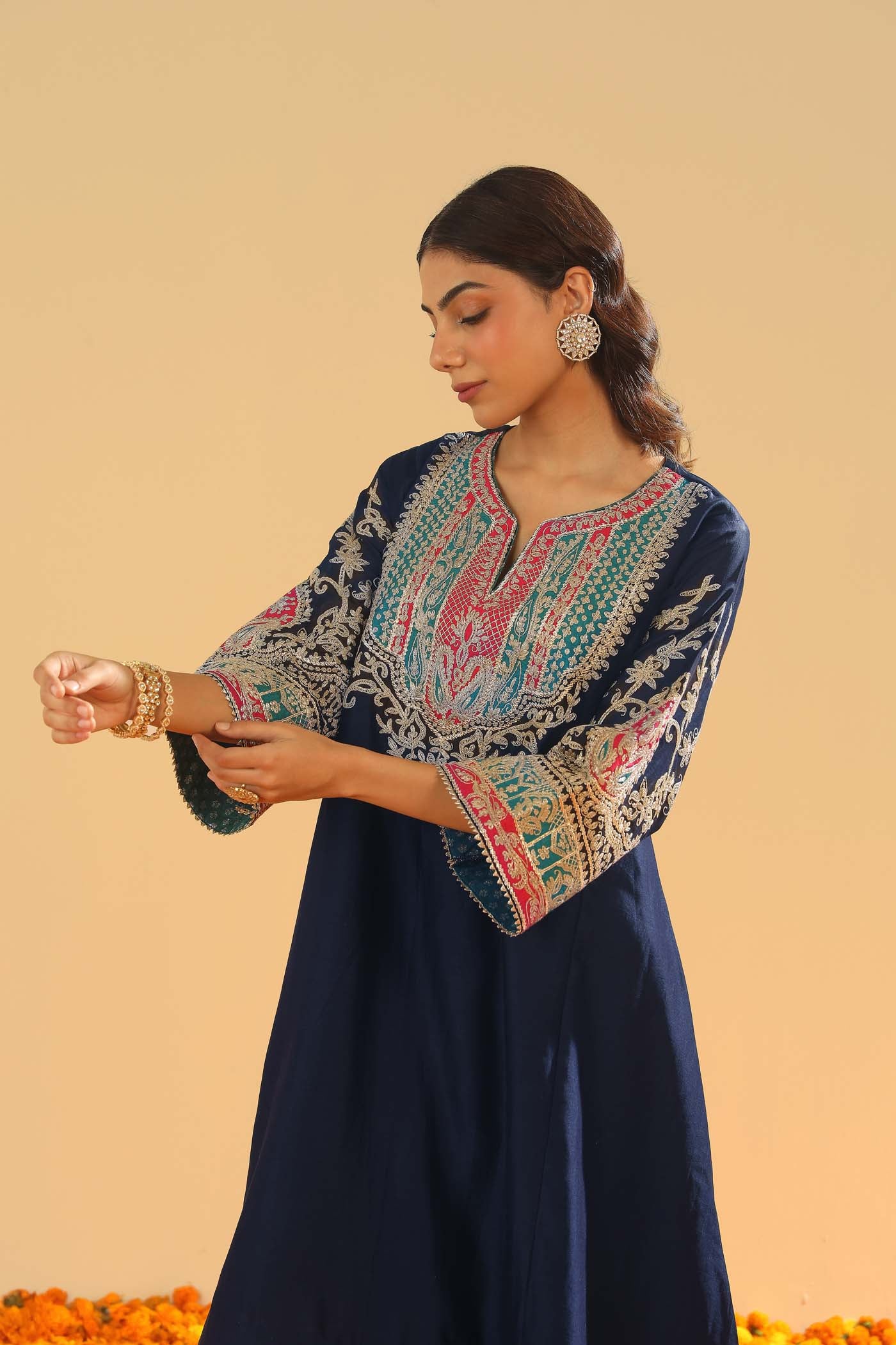 Mohsina - Dark Blue Short Kalidaar Chauga with Salwar - Image 5