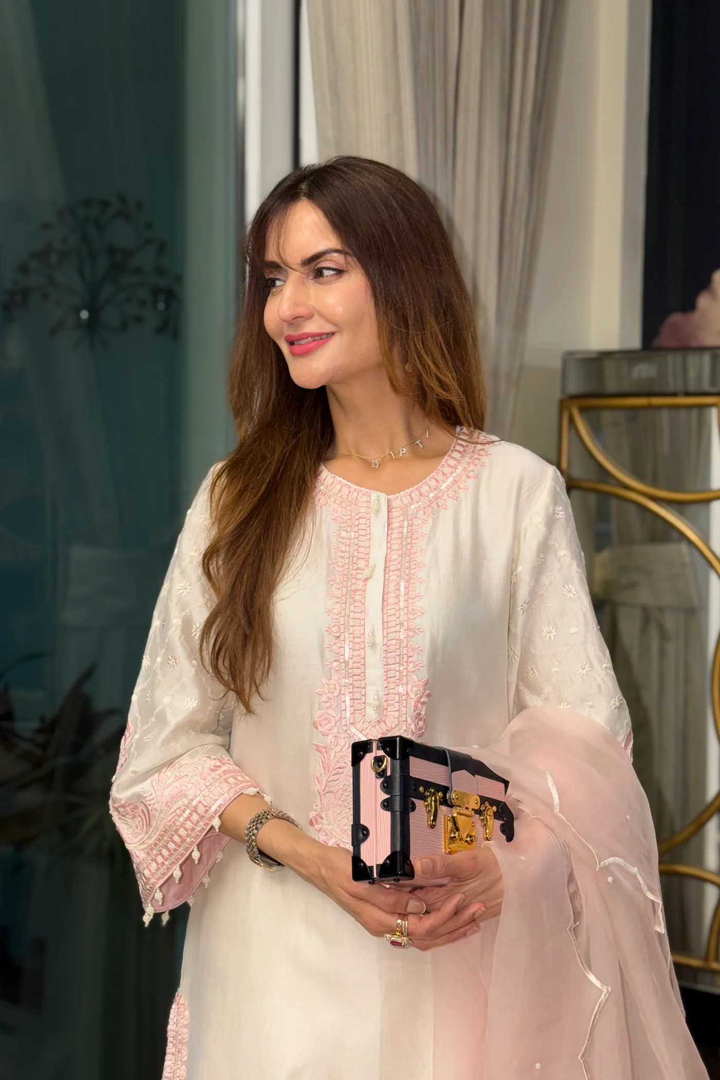Dipti Dhillon In RUHI - DAISY IVORY WITH PINK SHORT KURTA AND DHOTI - Image 3