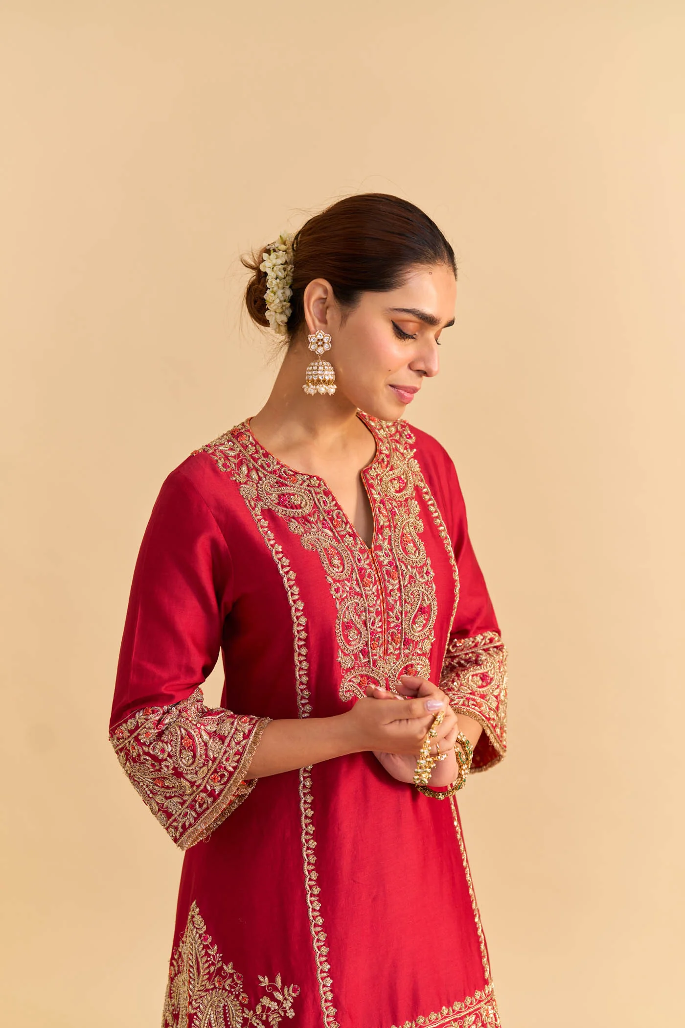 Dua Deep red Dabka Zardozi Embroidered Short kurta Set - Image 5