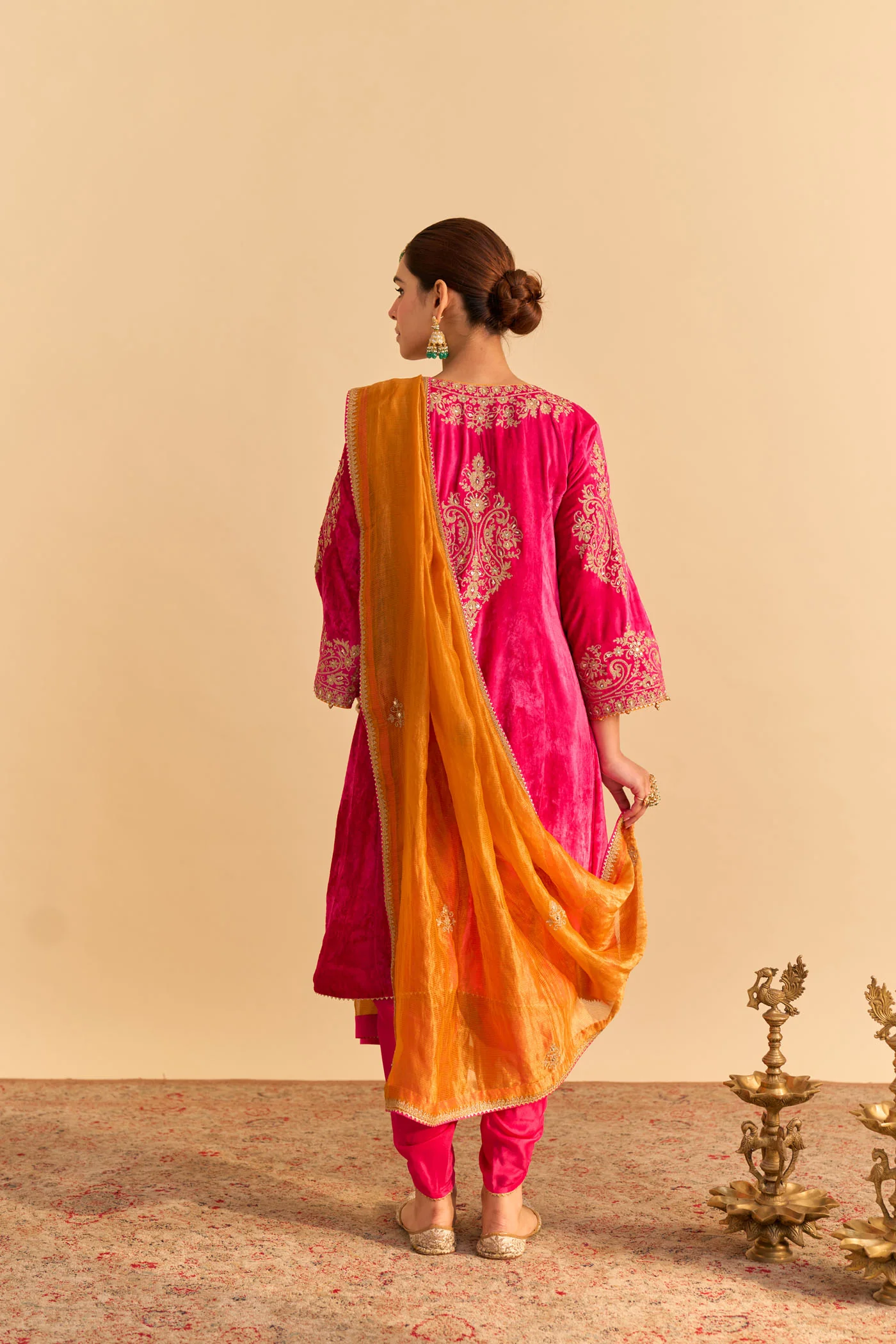 Eira - Silk Velvet Rani Hotpink A-line Kurta with Dhoti - Image 6