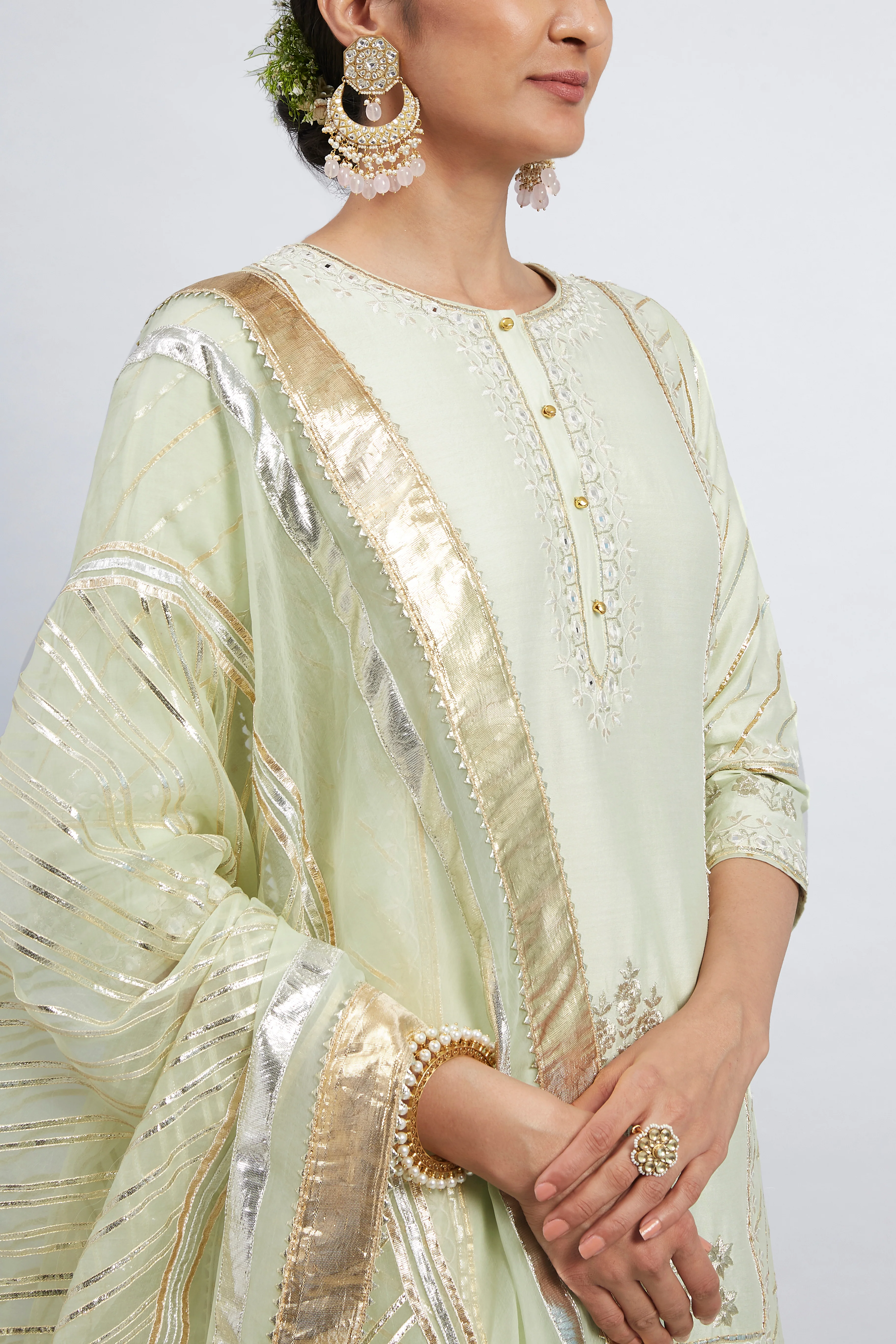 Eliza - Mint Green Chanderi Silk Kurta and Garara Set with Organza dupatta - Image 2