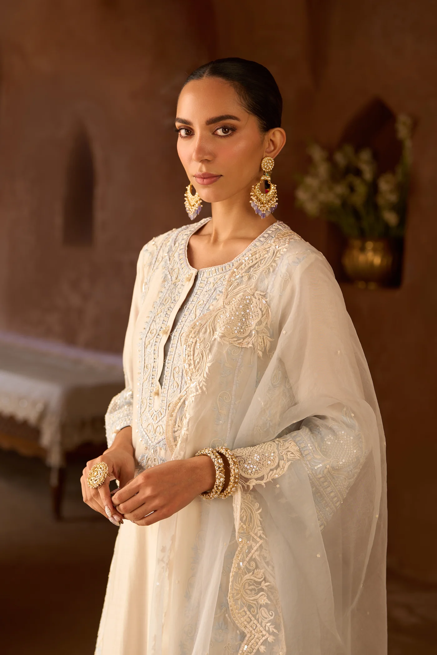 ENA - DAISY IVORY WITH BLUE LONG A-LINE KURTA WITH PALAZZO AND DUPATTA - Image 2