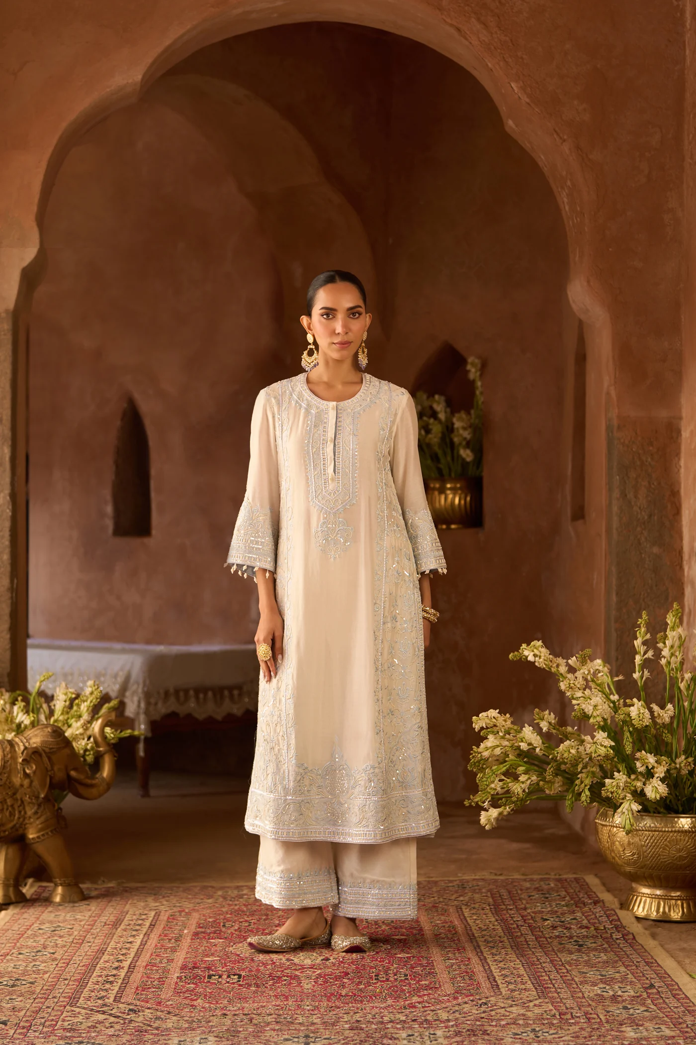 ENA - DAISY IVORY WITH BLUE LONG A-LINE KURTA WITH PALAZZO AND DUPATTA - Image 3