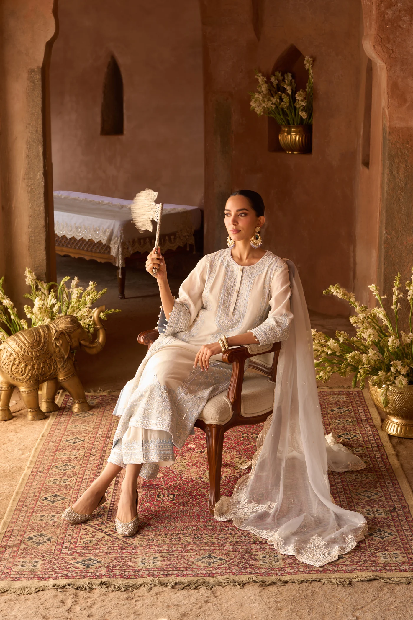 ENA - DAISY IVORY WITH BLUE LONG A-LINE KURTA WITH PALAZZO AND DUPATTA - Image 4