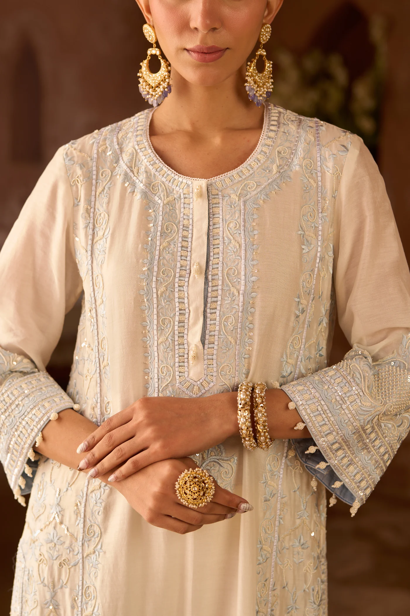 ENA - DAISY IVORY WITH BLUE LONG A-LINE KURTA WITH PALAZZO AND DUPATTA - Image 5