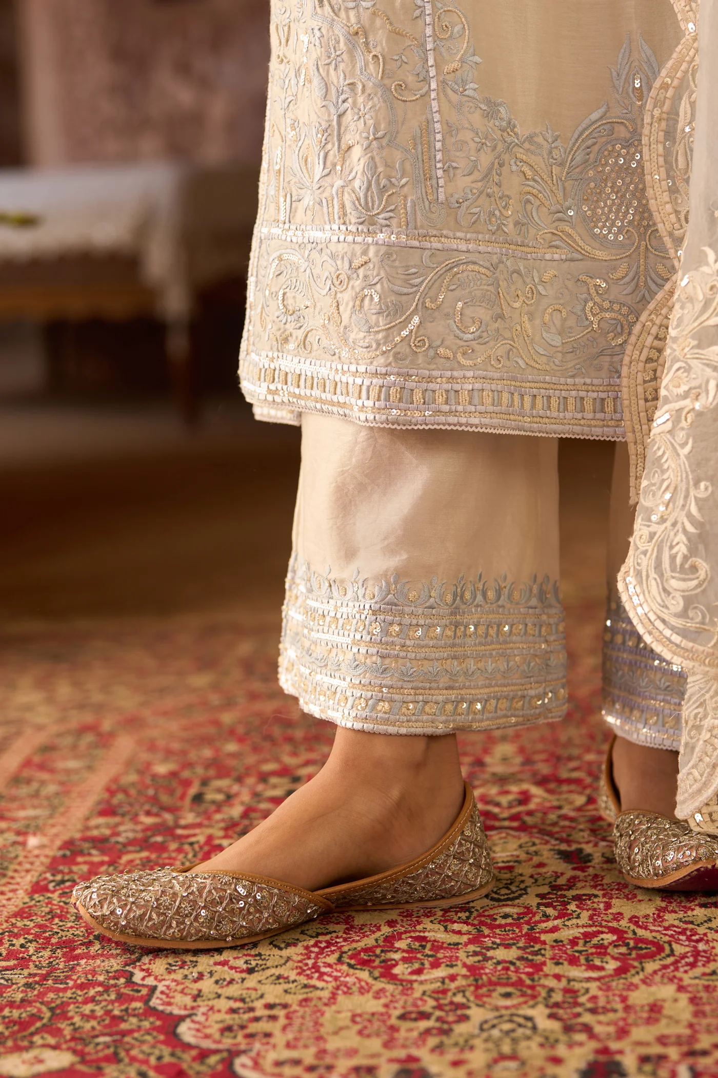 ENA - DAISY IVORY WITH BLUE LONG A-LINE KURTA WITH PALAZZO AND DUPATTA - Image 6