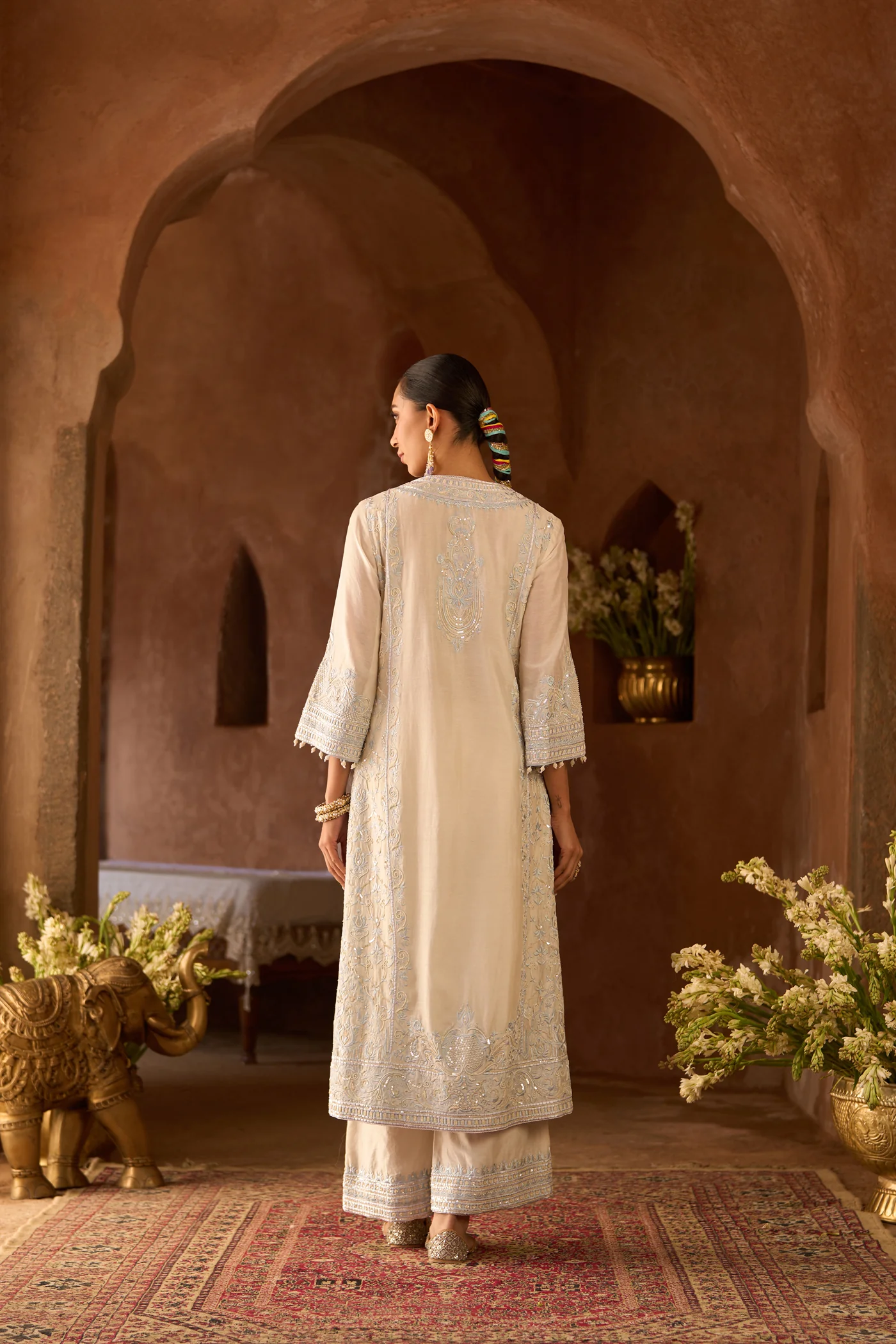 ENA - DAISY IVORY WITH BLUE LONG A-LINE KURTA WITH PALAZZO AND DUPATTA - Image 7