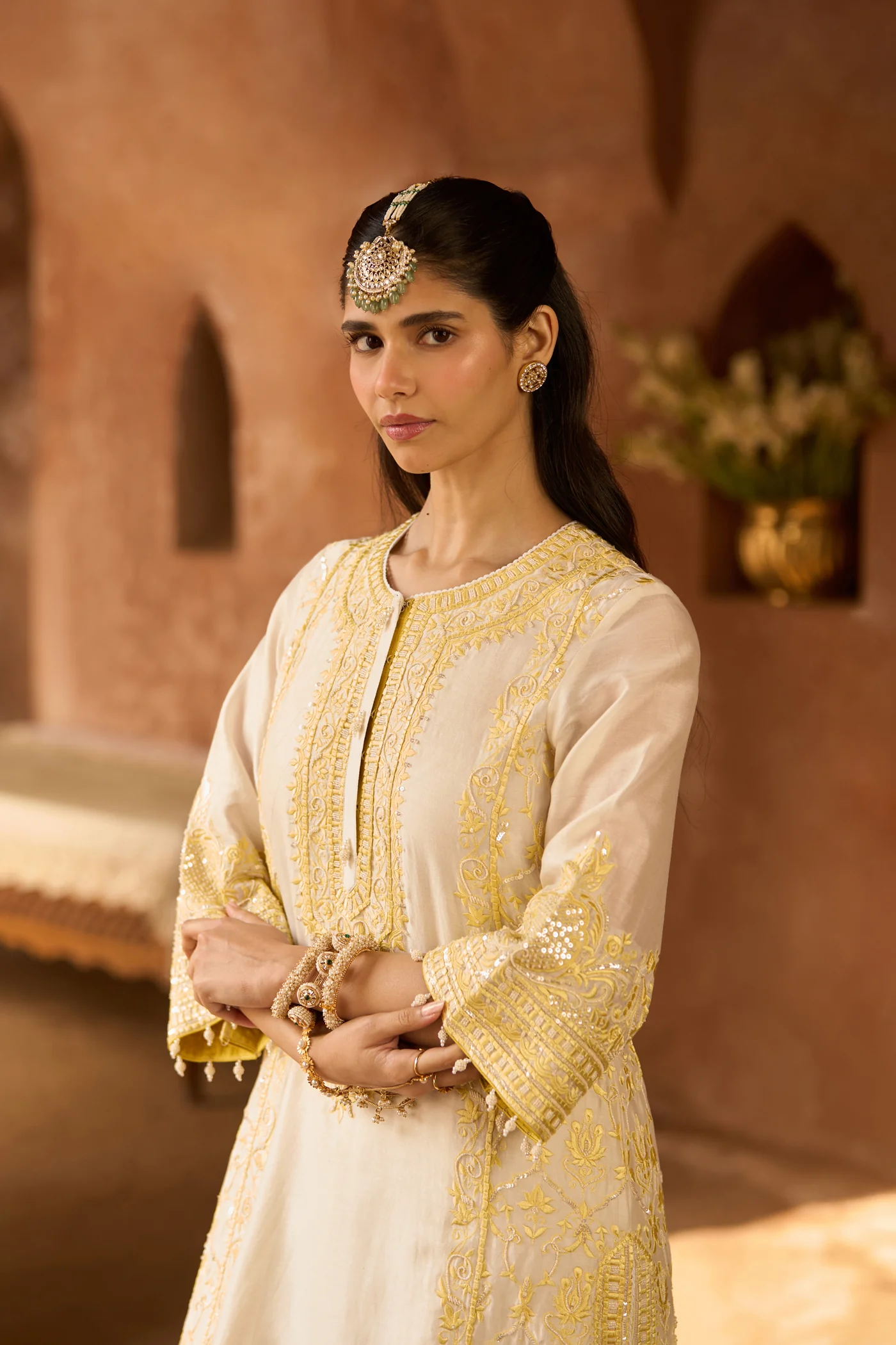 ENA - DAISY IVORY WITH LEMON YELLOW LONG A-LINE KURTA WITH PALAZZO AND DUPATTA - Image 2