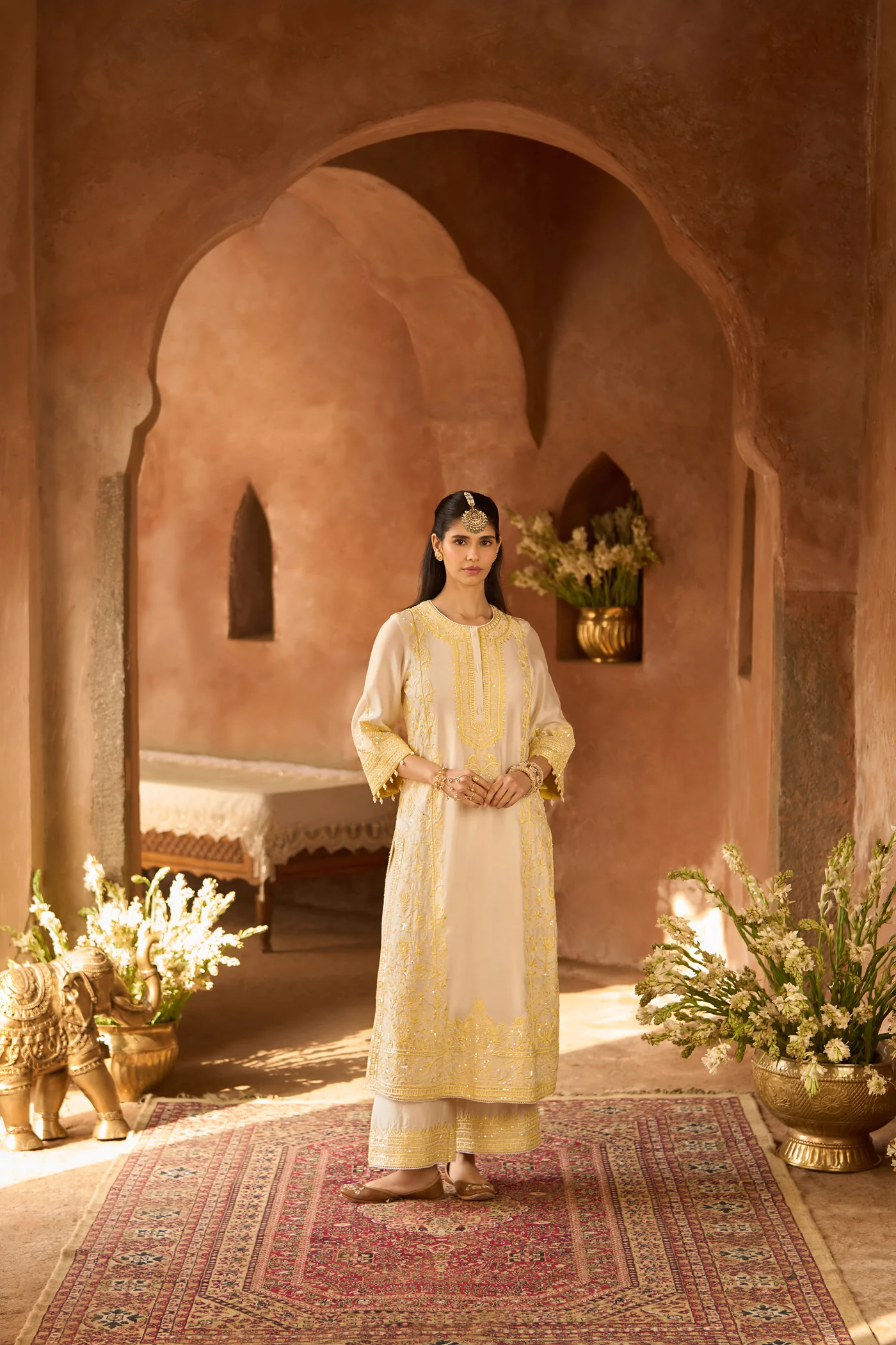 ENA - DAISY IVORY WITH LEMON YELLOW LONG A-LINE KURTA WITH PALAZZO AND DUPATTA - Image 3