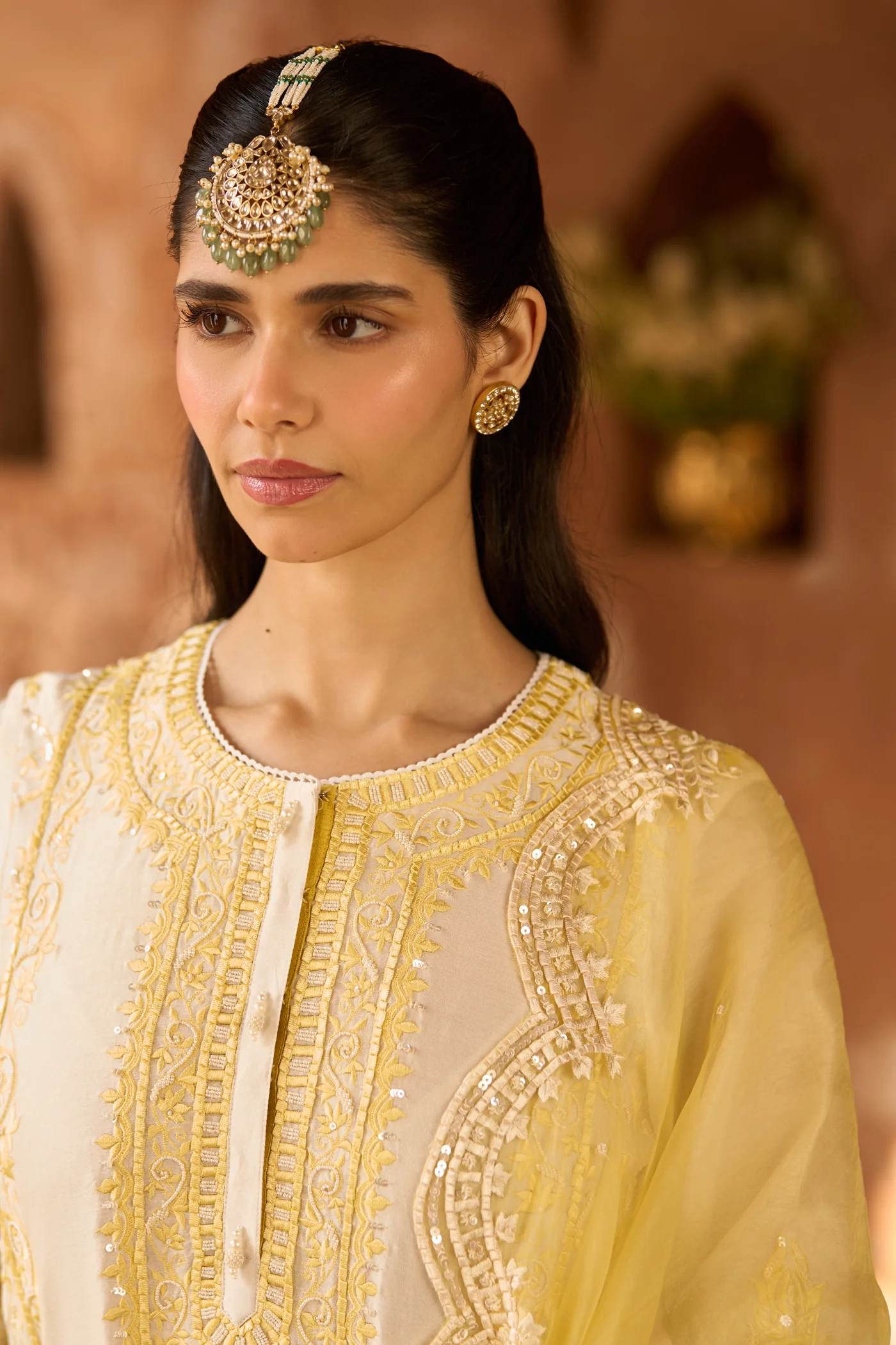 ENA - DAISY IVORY WITH LEMON YELLOW LONG A-LINE KURTA WITH PALAZZO AND DUPATTA - Image 4