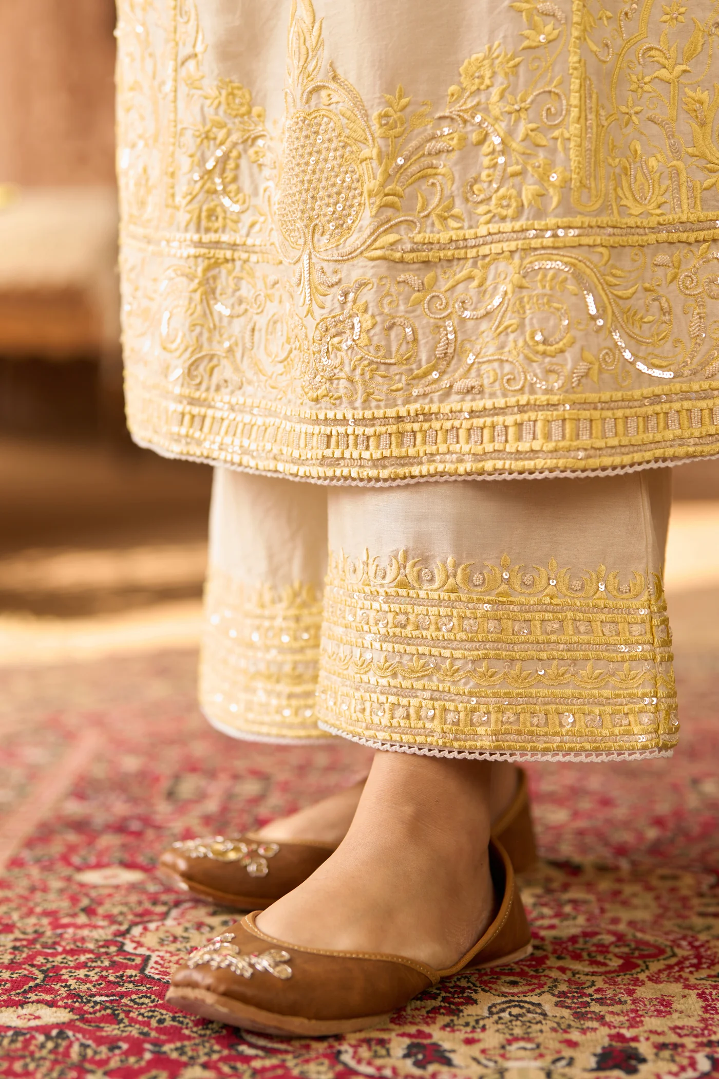 ENA - DAISY IVORY WITH LEMON YELLOW LONG A-LINE KURTA WITH PALAZZO AND DUPATTA - Image 5