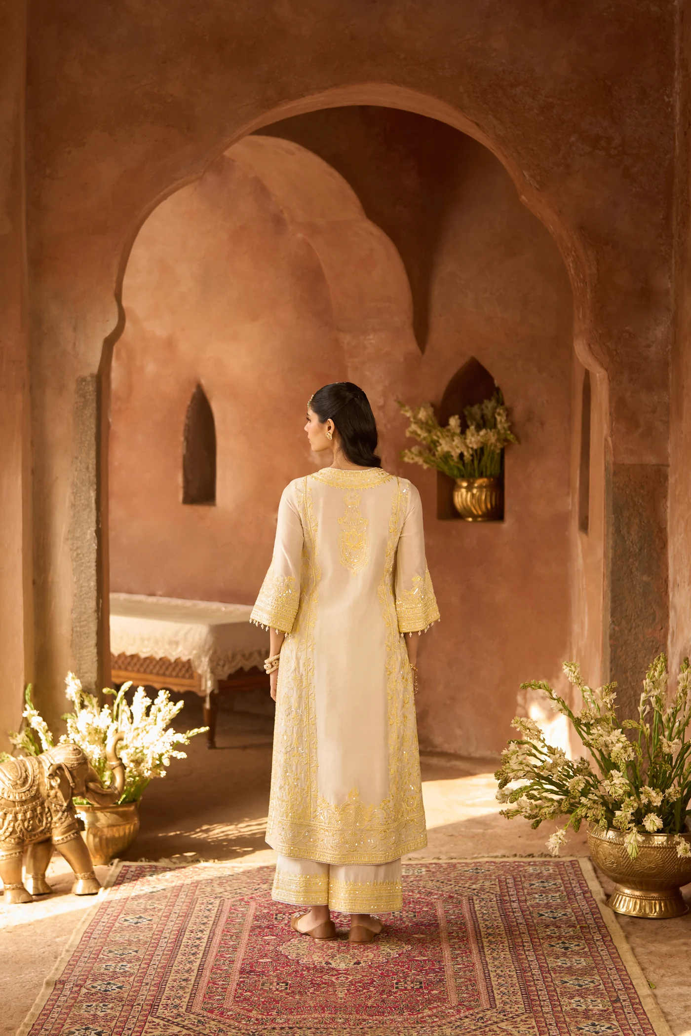 ENA - DAISY IVORY WITH LEMON YELLOW LONG A-LINE KURTA WITH PALAZZO AND DUPATTA - Image 6