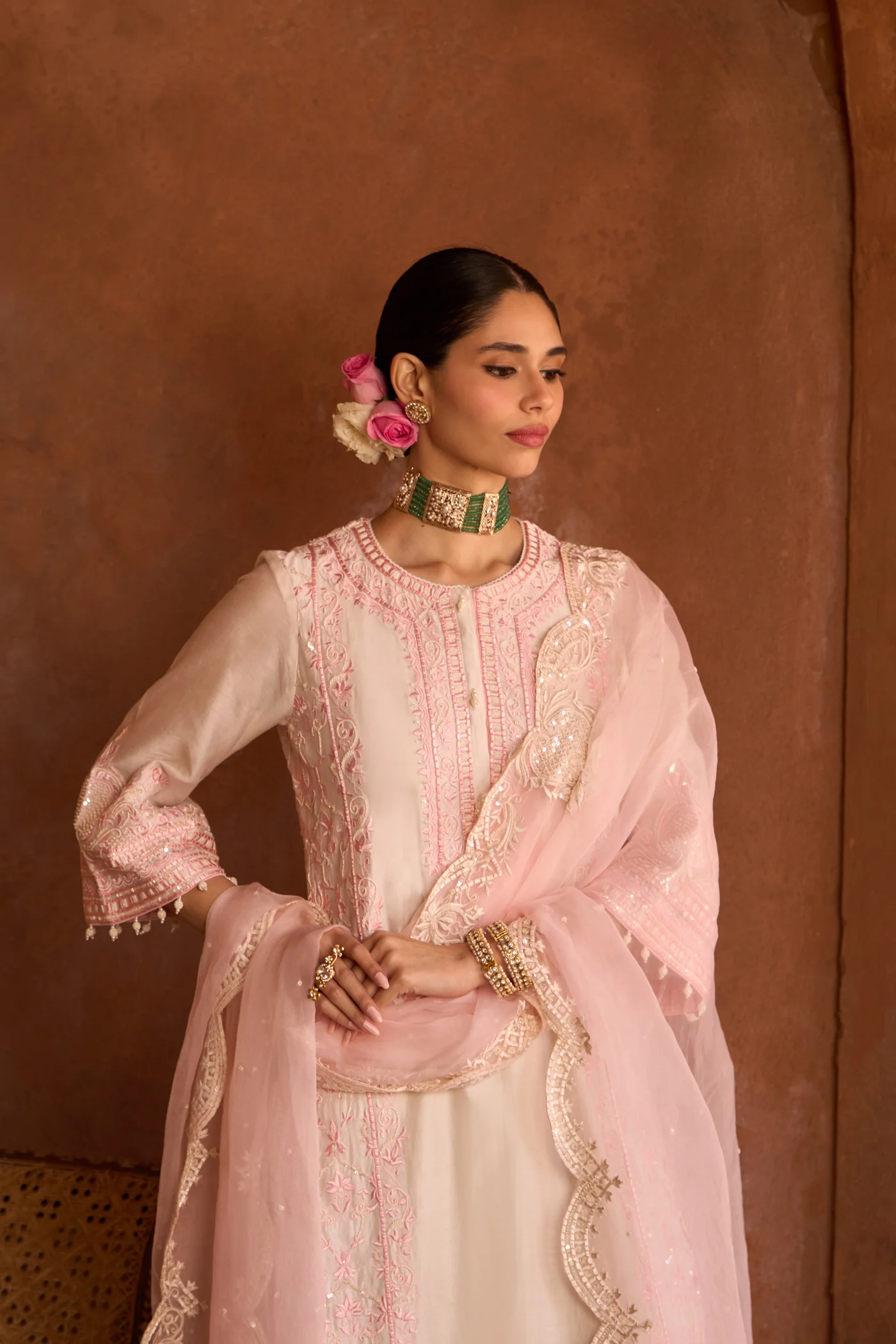 ENA - DAISY IVORY WITH PINK LONG A-LINE KURTA WITH PALAZZO AND DUPATTA - Image 2
