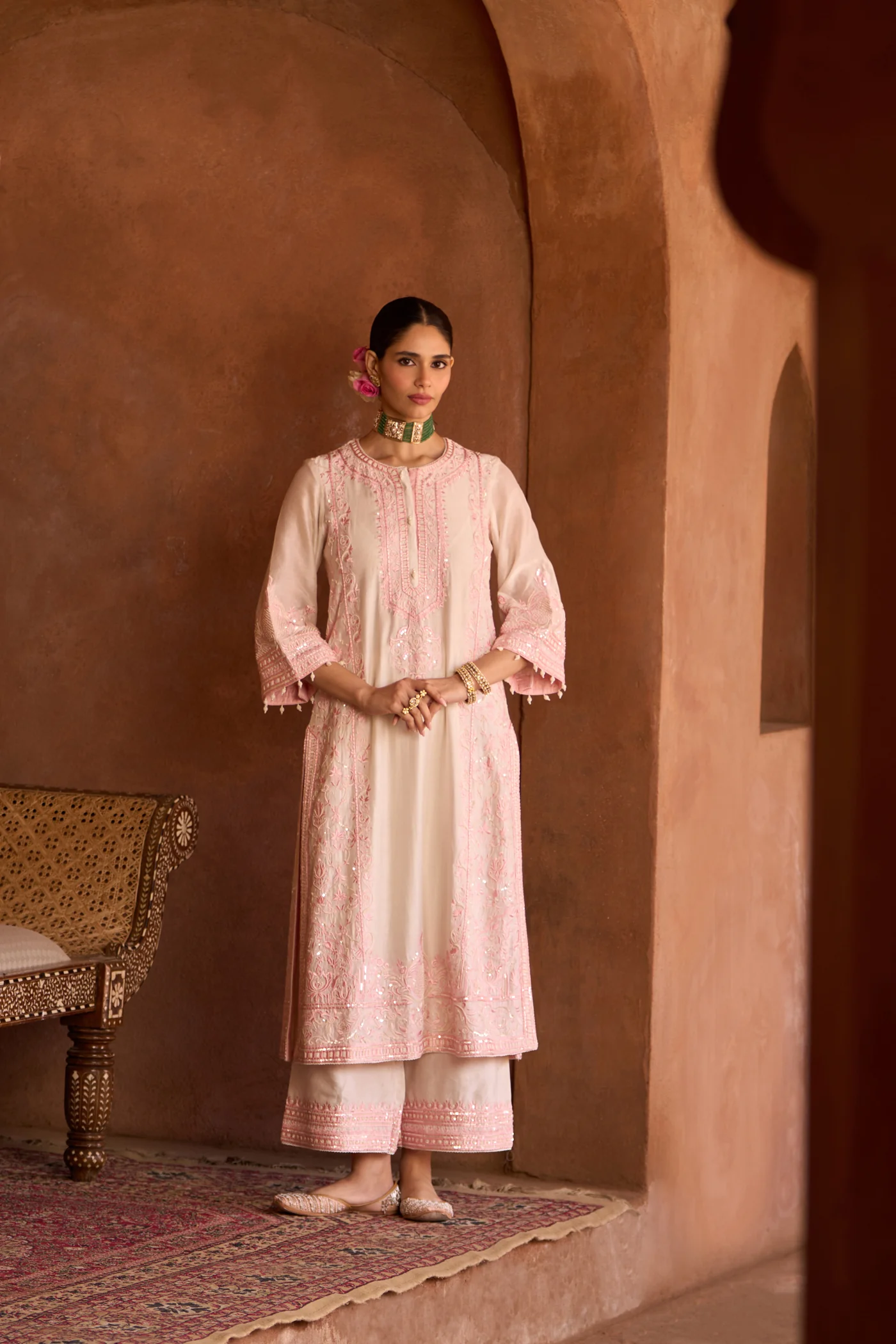 ENA - DAISY IVORY WITH PINK LONG A-LINE KURTA WITH PALAZZO AND DUPATTA - Image 3