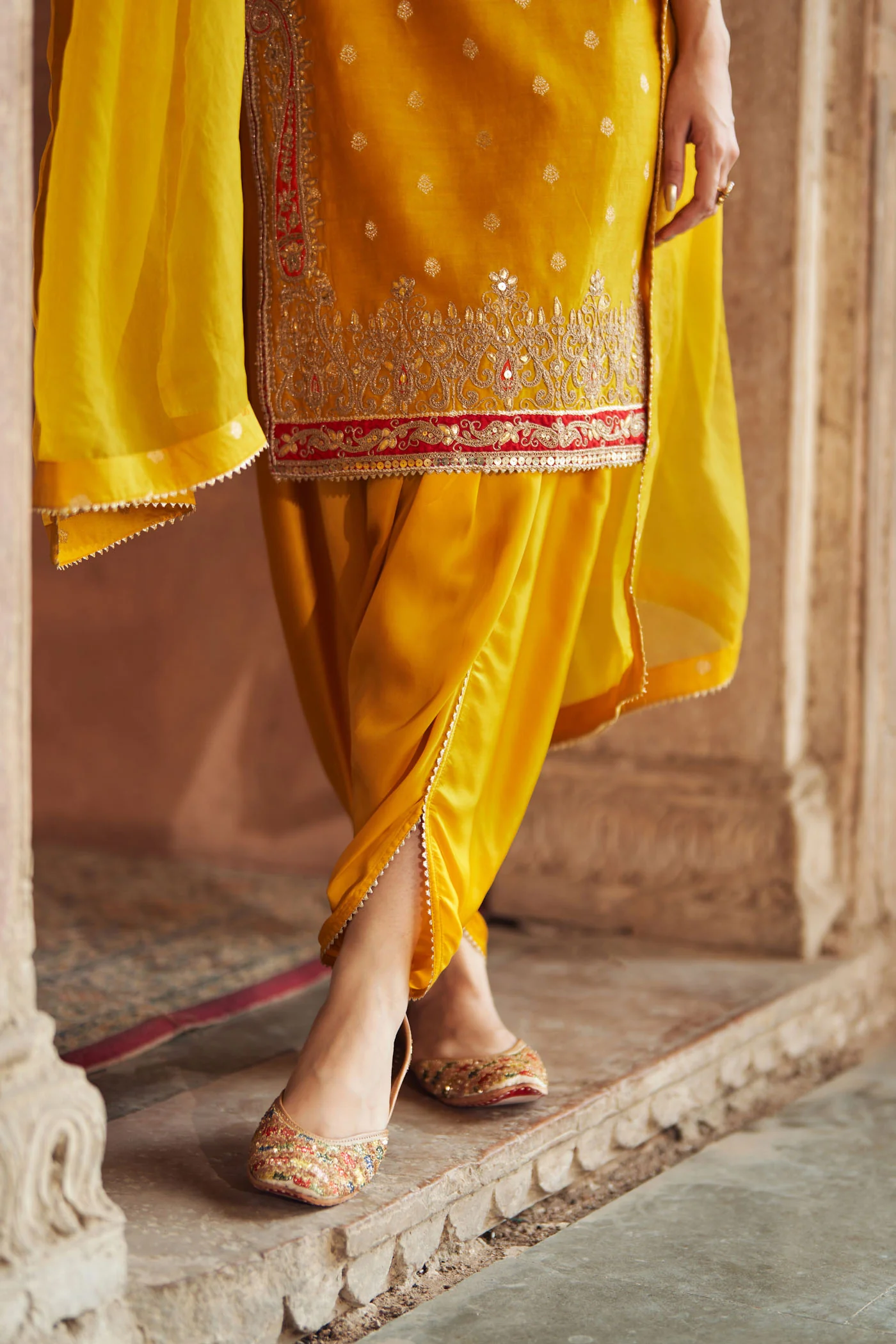 FAHMIDA - Heirloom Mustard SHORT KURTA WITH TULIP PANT - Image 5