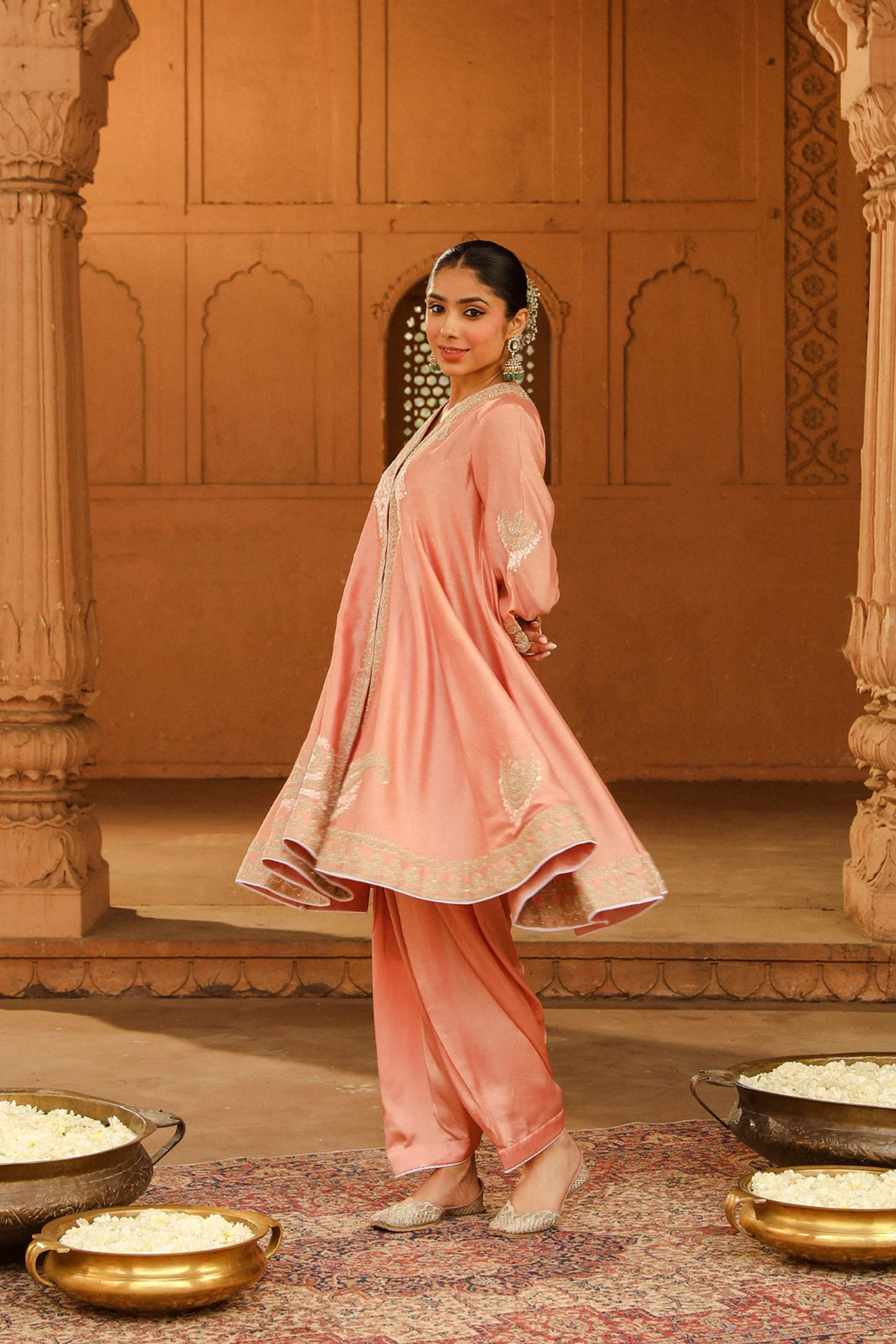 Fajr - Off Rose Short Anarkali with Chooridaar and Dupatta - Image 2