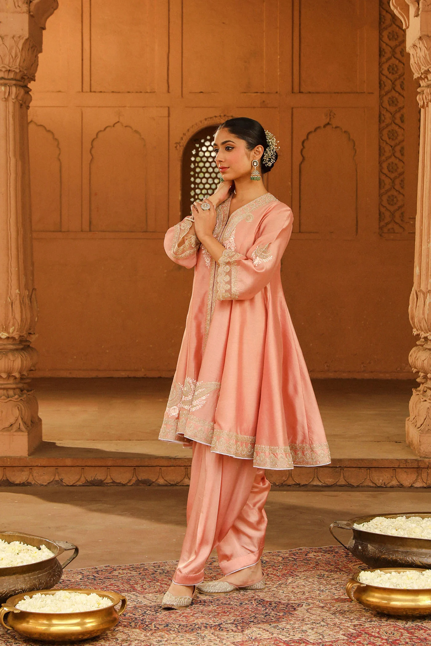 Fajr - Off Rose Short Anarkali with Chooridaar and Dupatta - Image 3