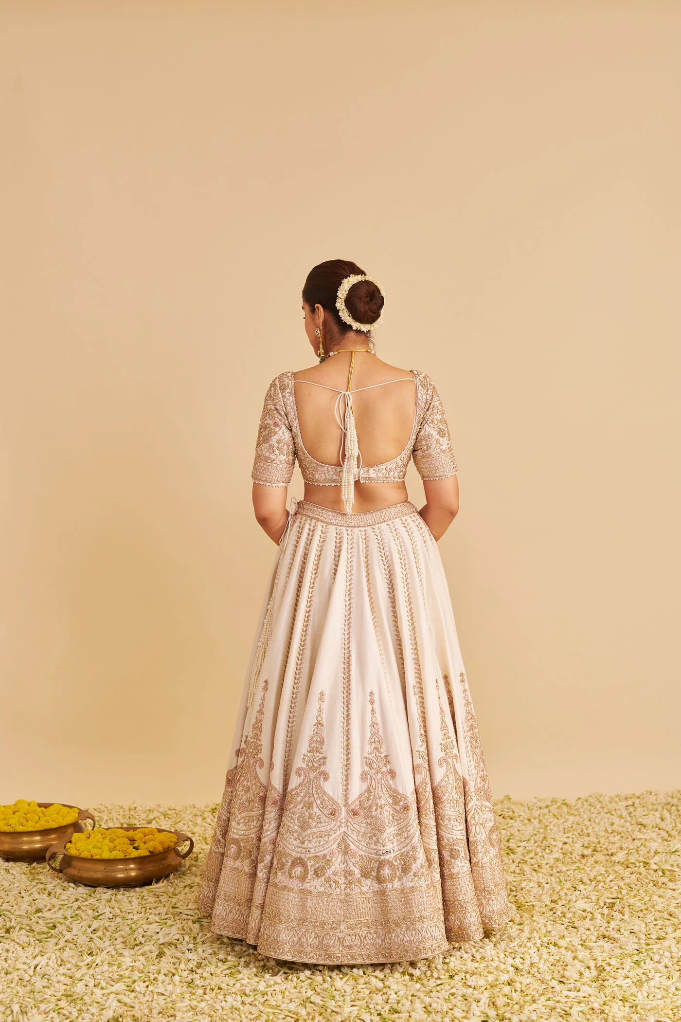 Farah - Dabka Zardozi Embroidered Pure Silk Daisy Ivory Lehenga Set - Image 8