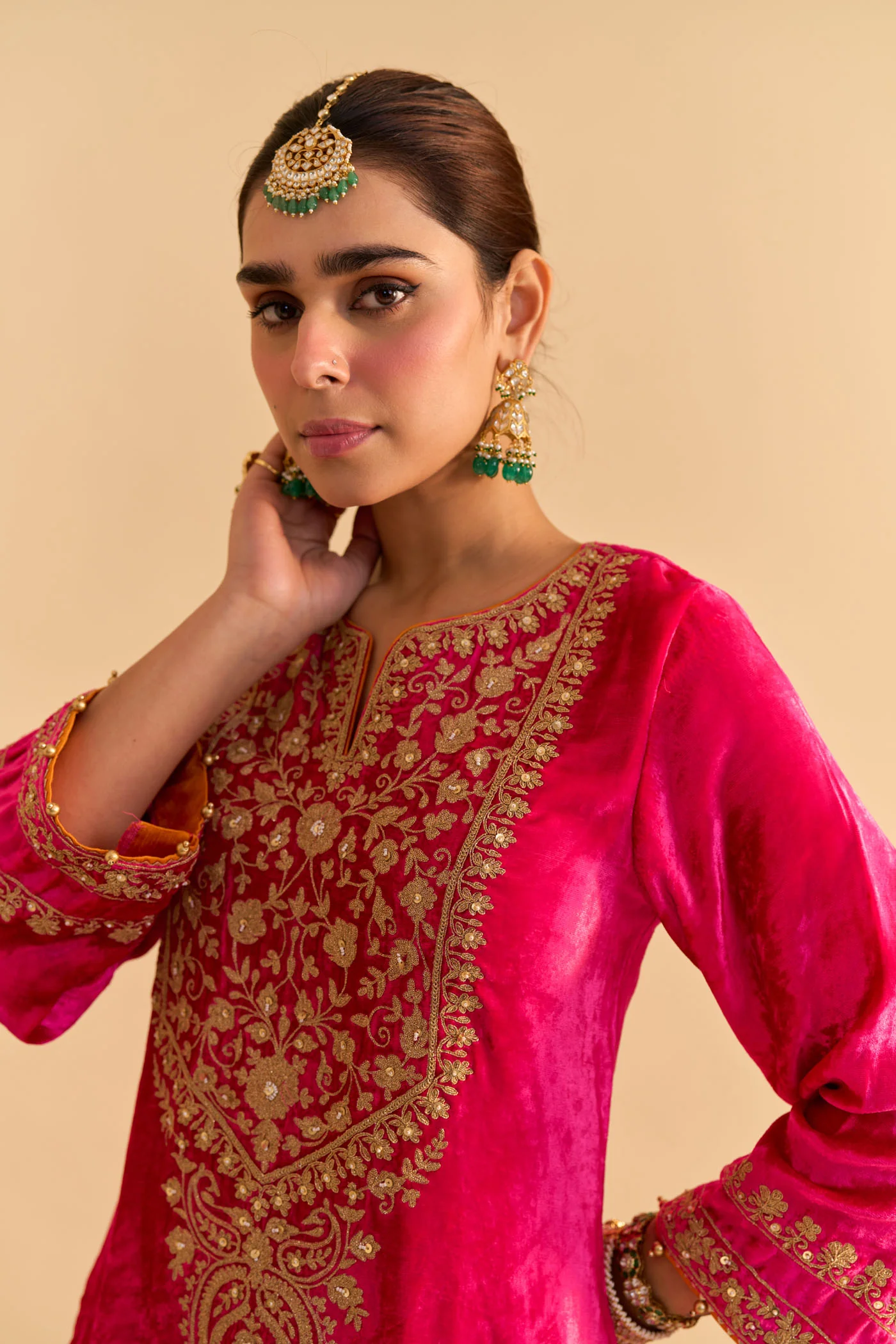 Fareeha Silk Velvet Hotpink Long Kurta with salwar - Image 5
