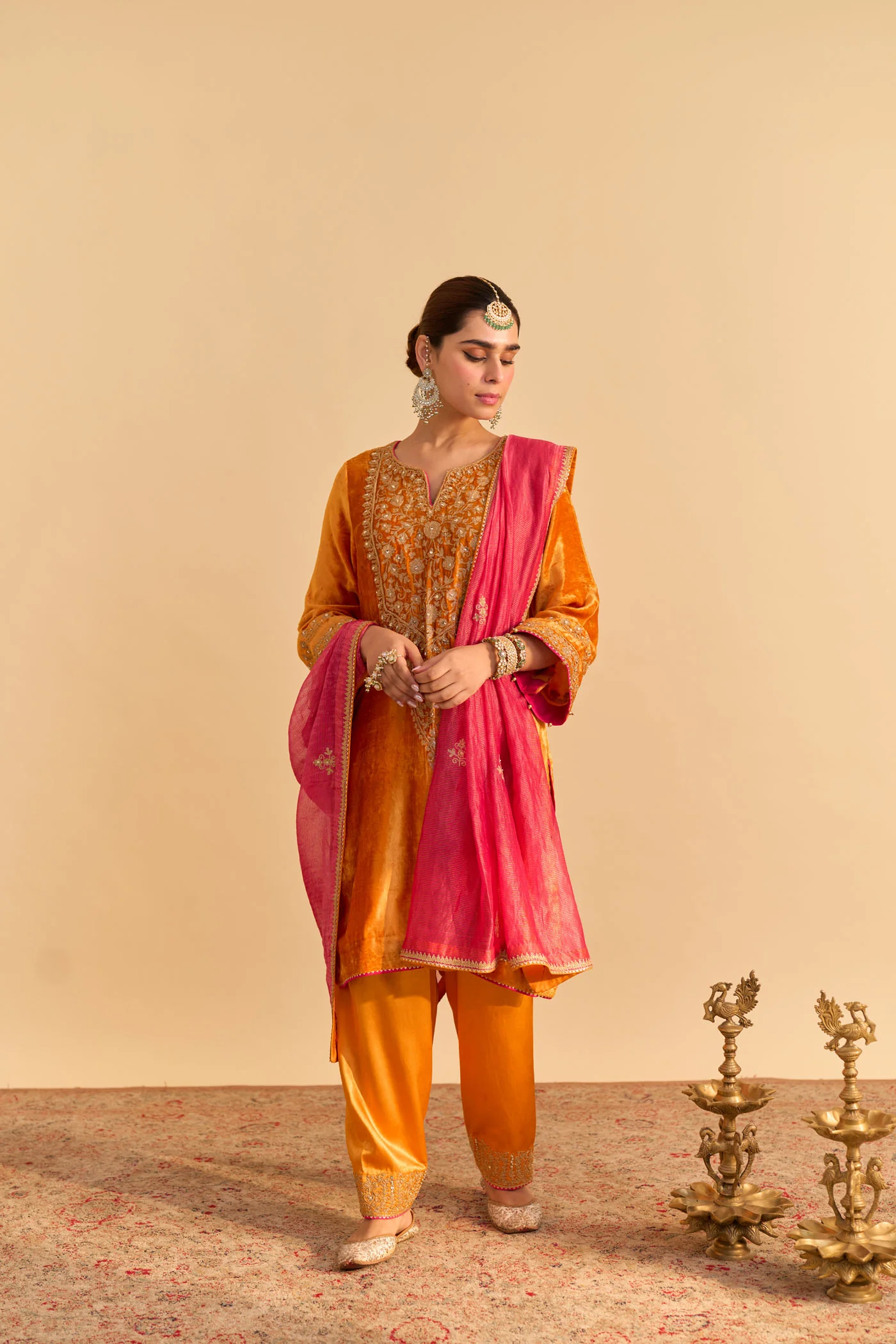 Fareeha Silk Velvet orange short kurta with salwar
