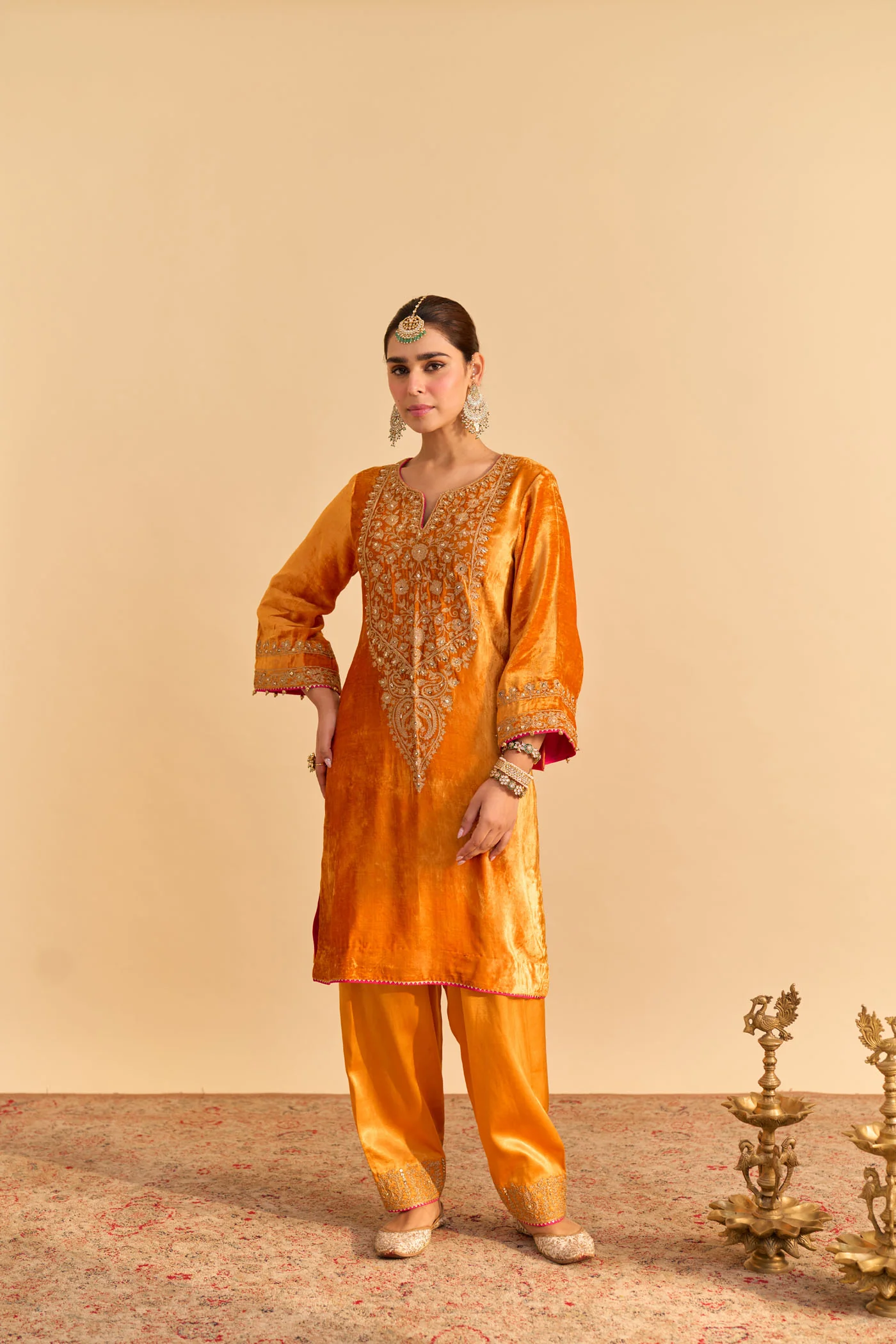 Fareeha Silk Velvet orange short kurta with salwar - Image 2