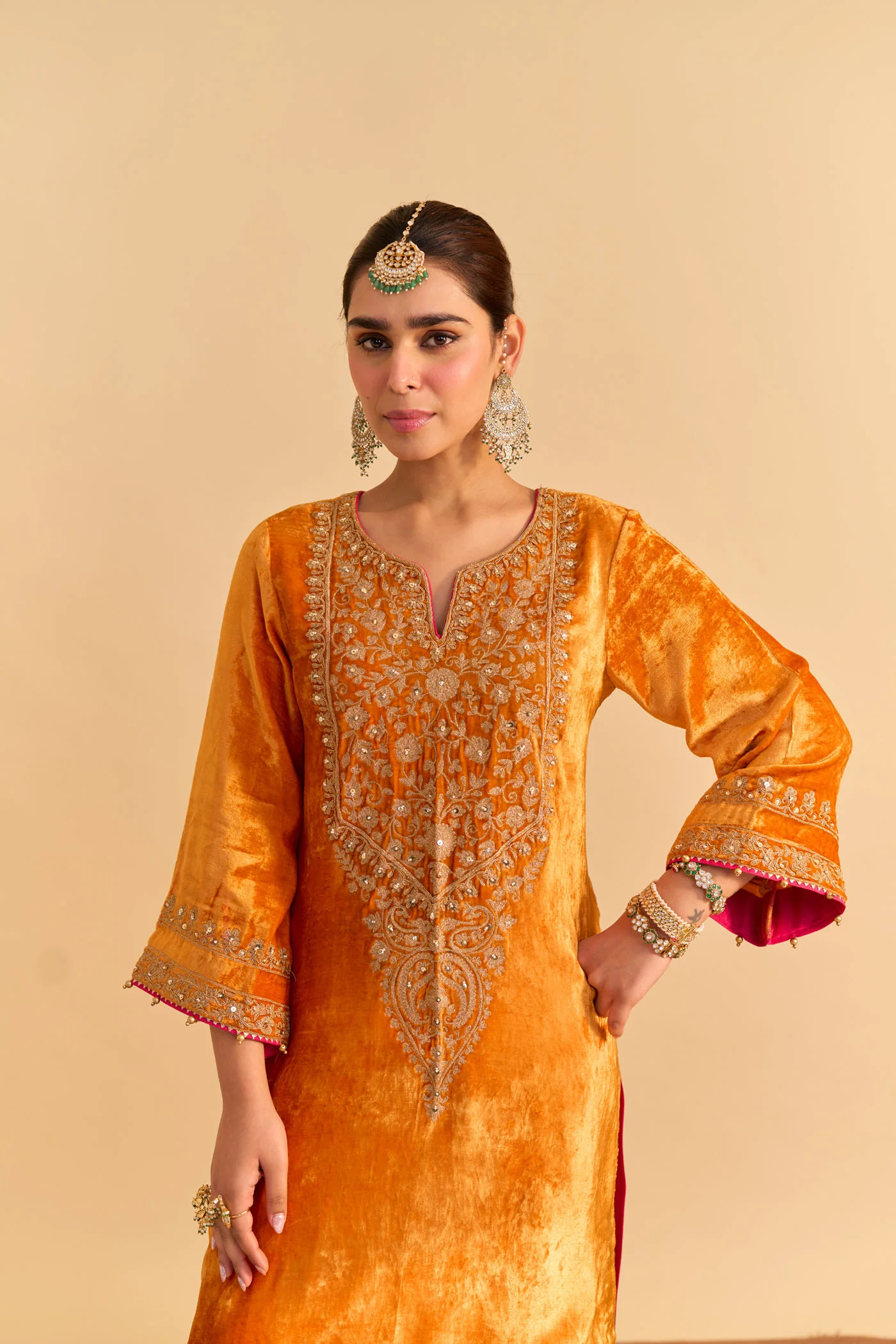 Fareeha Silk Velvet orange short kurta with salwar - Image 3