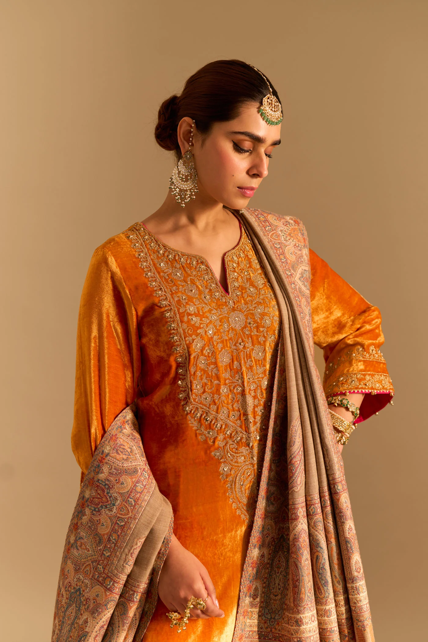 Fareeha Silk Velvet orange short kurta with salwar - Image 4