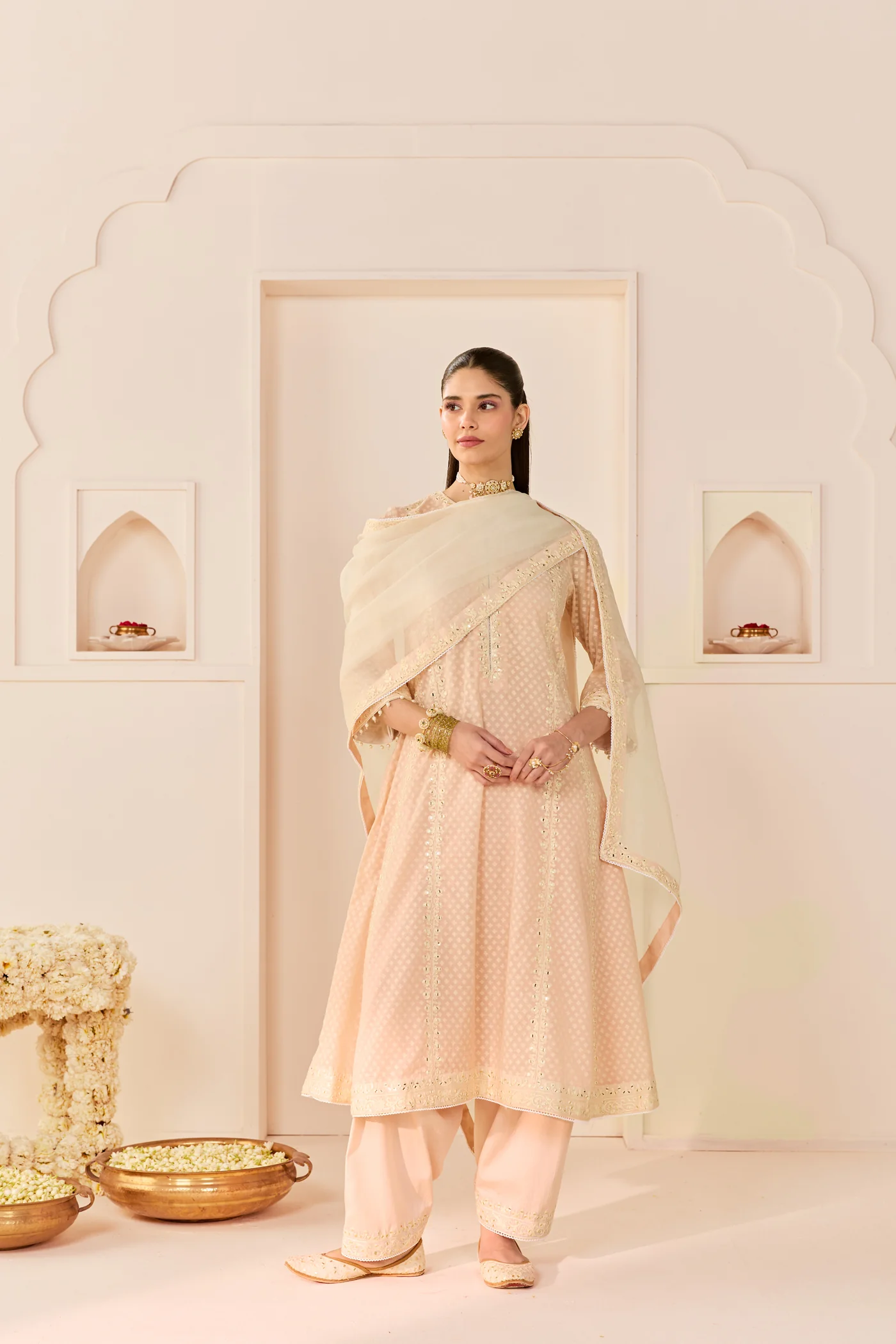 Firdaus - Carnation Pink Long Kalidaar Chauga With Dogri Salwar And Dupatta - Image 3