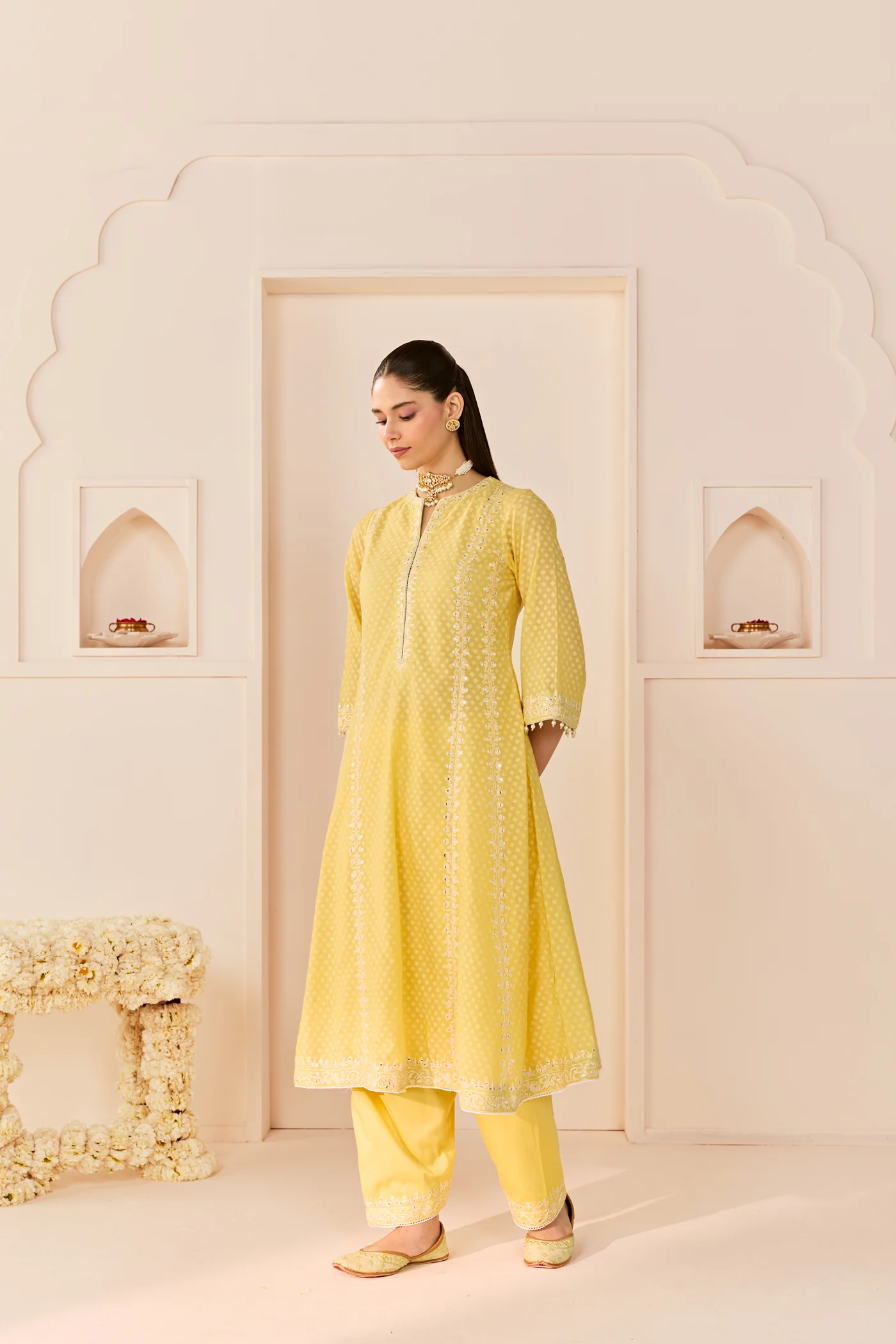 Firdaus -Lemon Yellow Long Kalidaar Chauga With Dogri Salwar And Dupatta (LXRTS) - Image 3