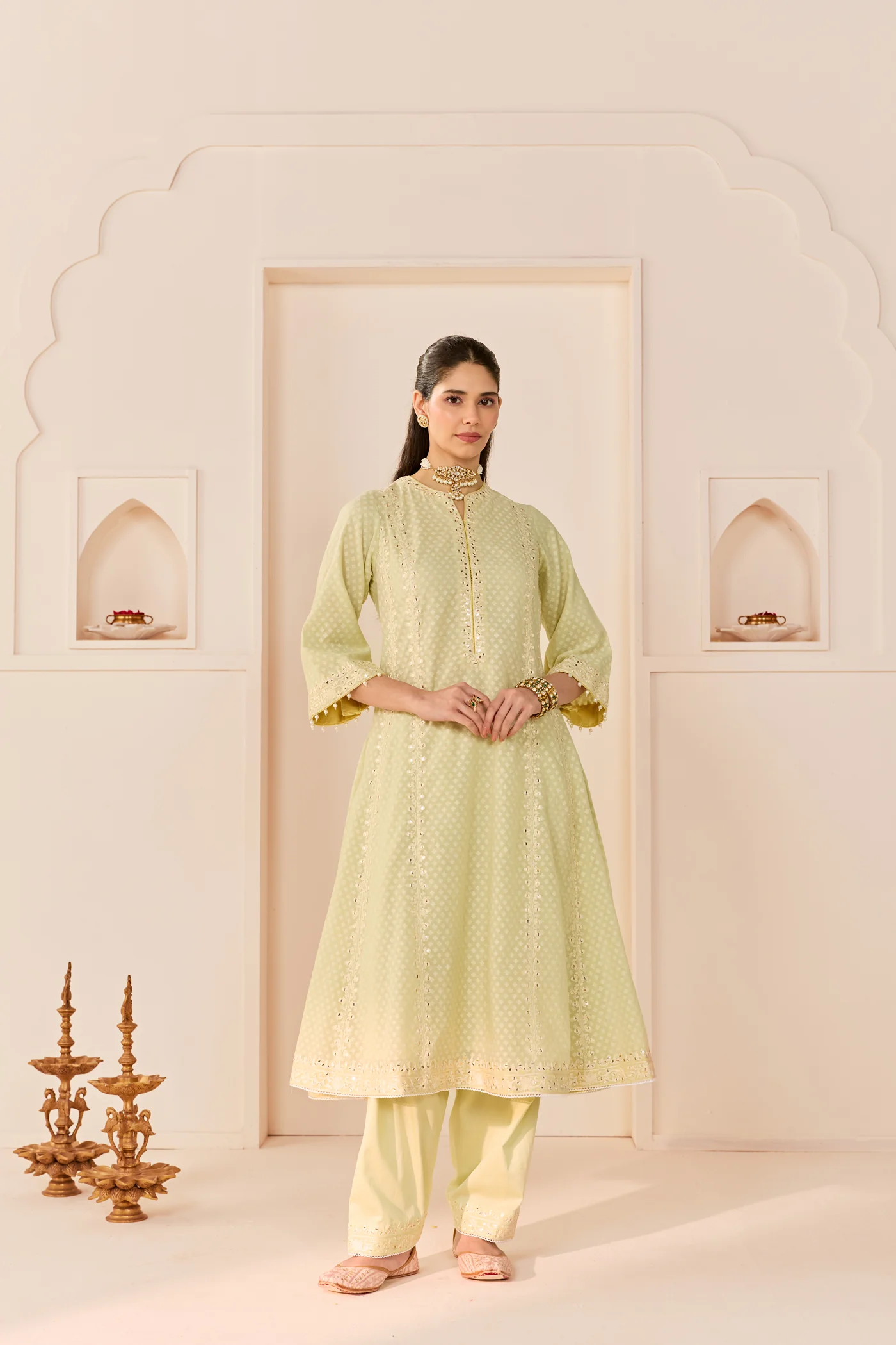 Firdaus - Mint Green Long Kalidaar Chauga With Dogri Salwar And Dupatta (LXRTS) - Image 3