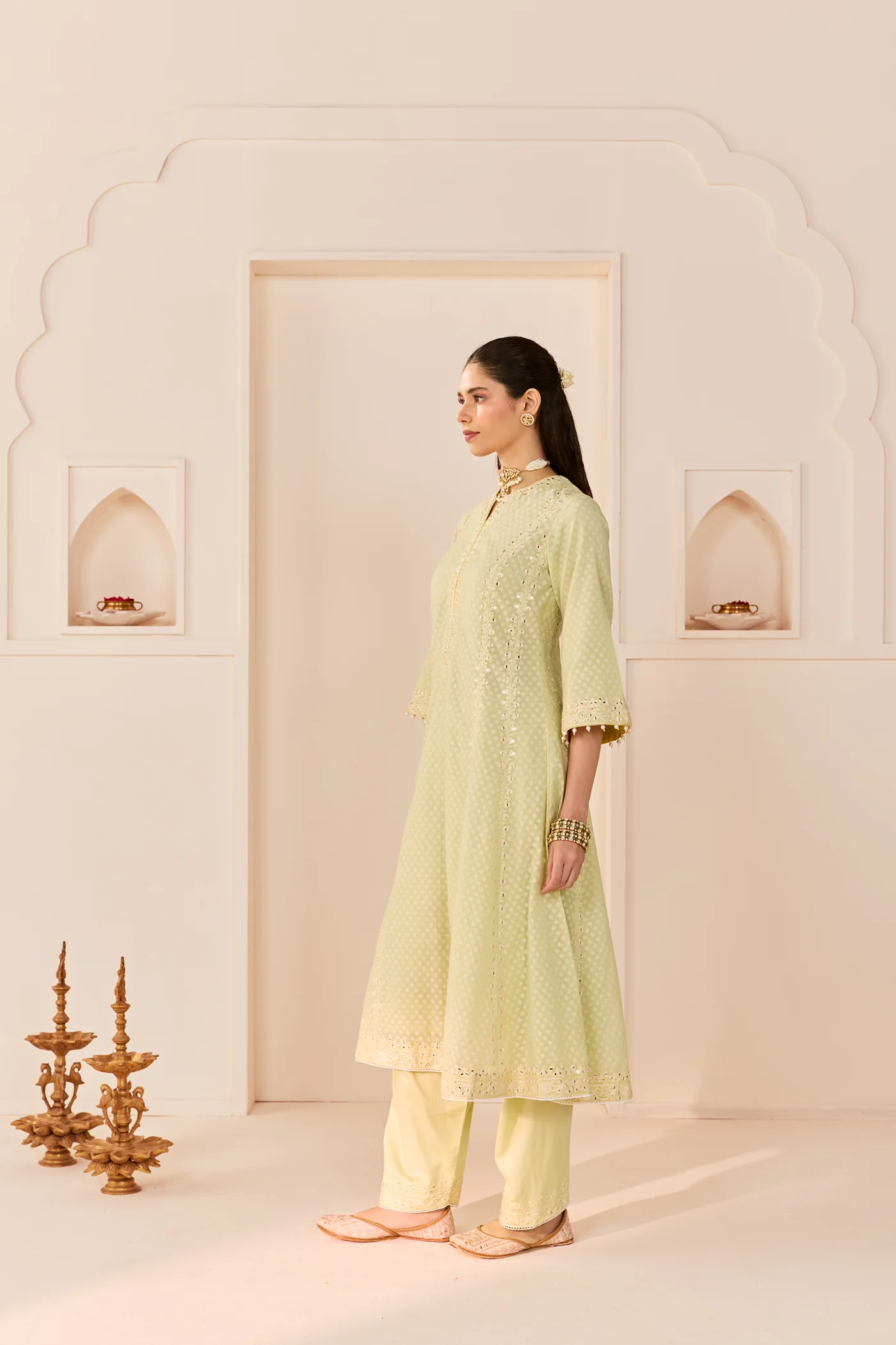 Firdaus - Mint Green Long Kalidaar Chauga With Dogri Salwar And Dupatta (LXRTS) - Image 4