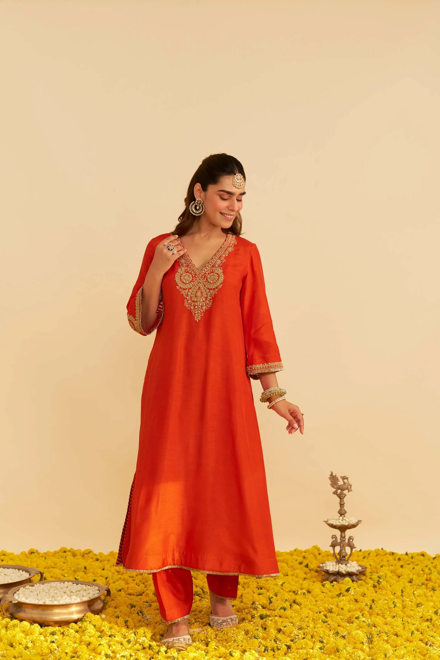 HAAYAT - BURNT ORANGE LONG KAFTAN WITH SALWAR - Image 2