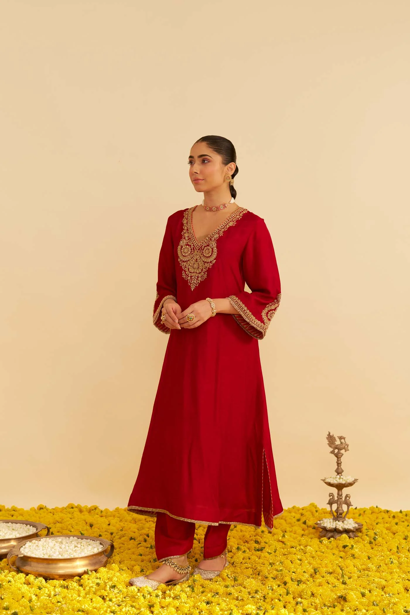 HAAYAT - DEEP RED LONG KAFTAN WITH SALWAR - Image 2