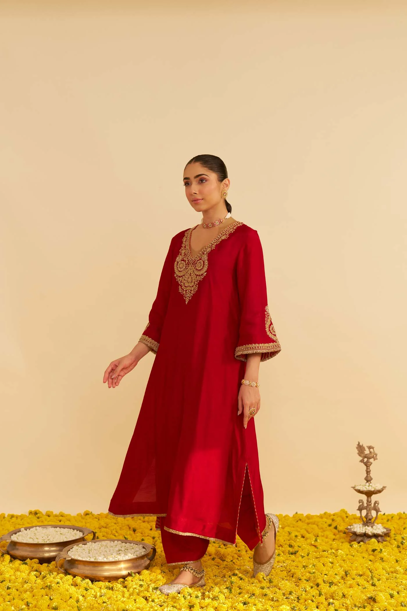 HAAYAT - DEEP RED LONG KAFTAN WITH SALWAR - Image 3