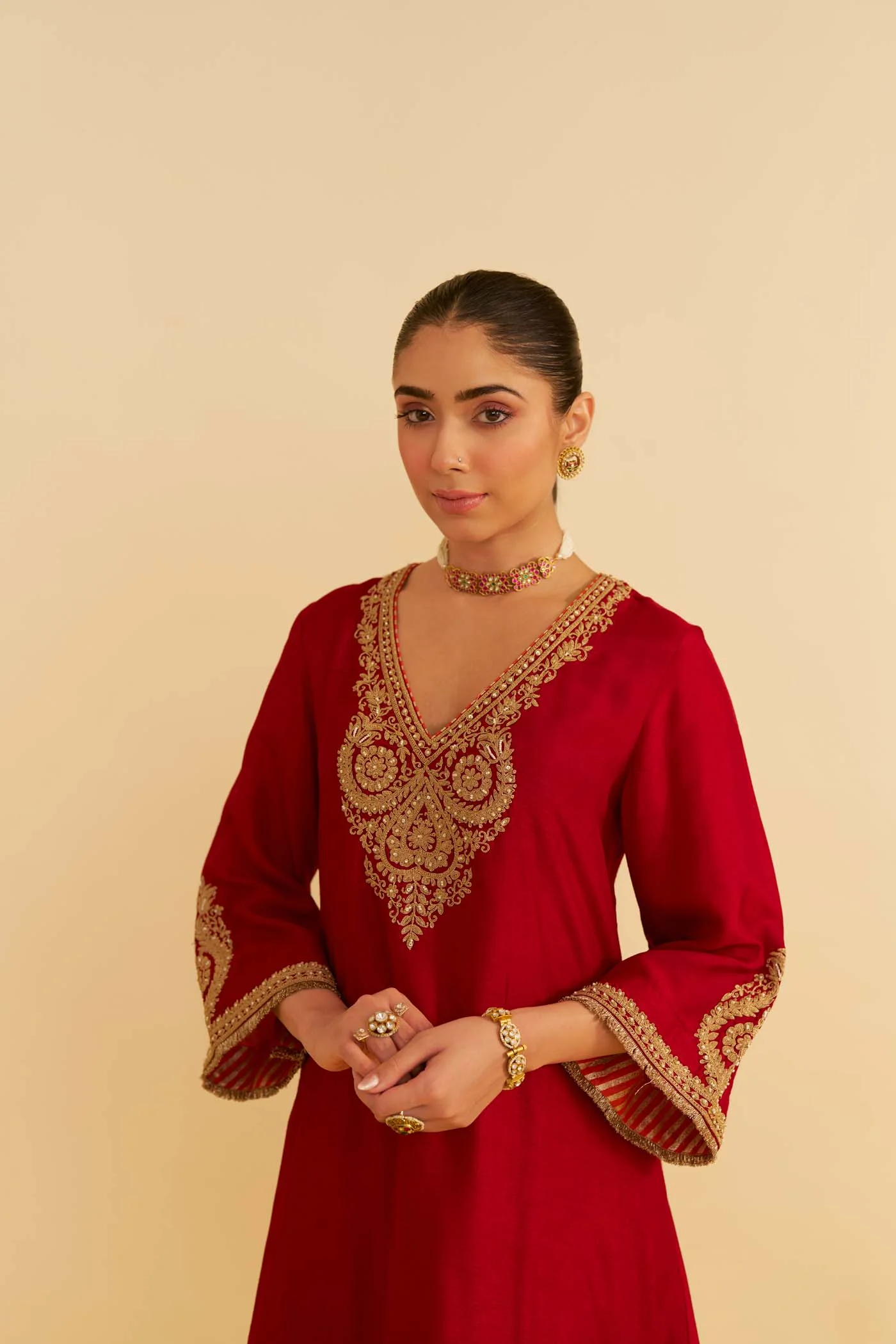 HAAYAT - DEEP RED LONG KAFTAN WITH SALWAR - Image 4