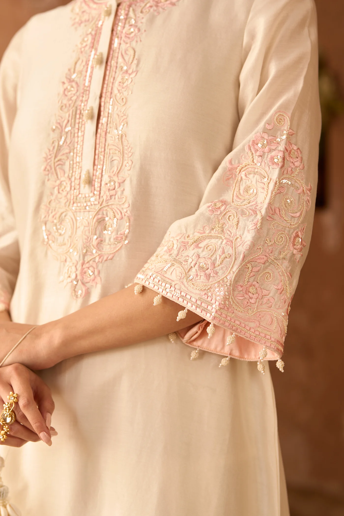 HANI - DAISY IVORY WITH PINK A-LINE KURTA WITH SALWAR AND DUPATTA - Image 5
