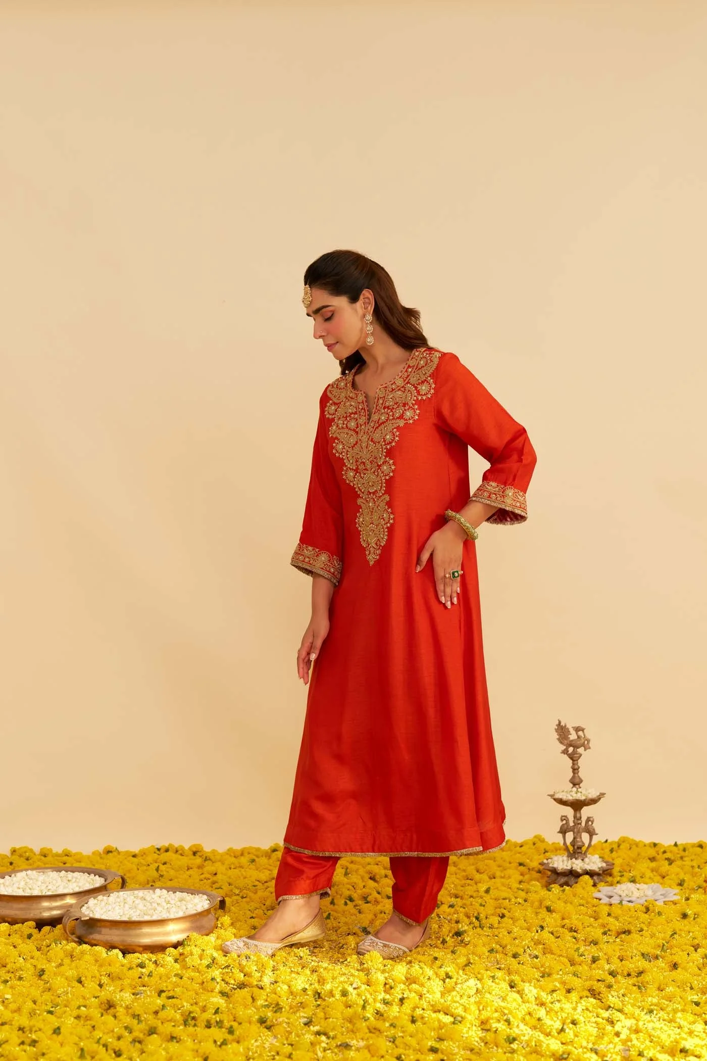 HIBA - BURNT ORANGE LONG KAFTAN WITH SALWAR AND DUPATTA (Lxrts) - Image 2