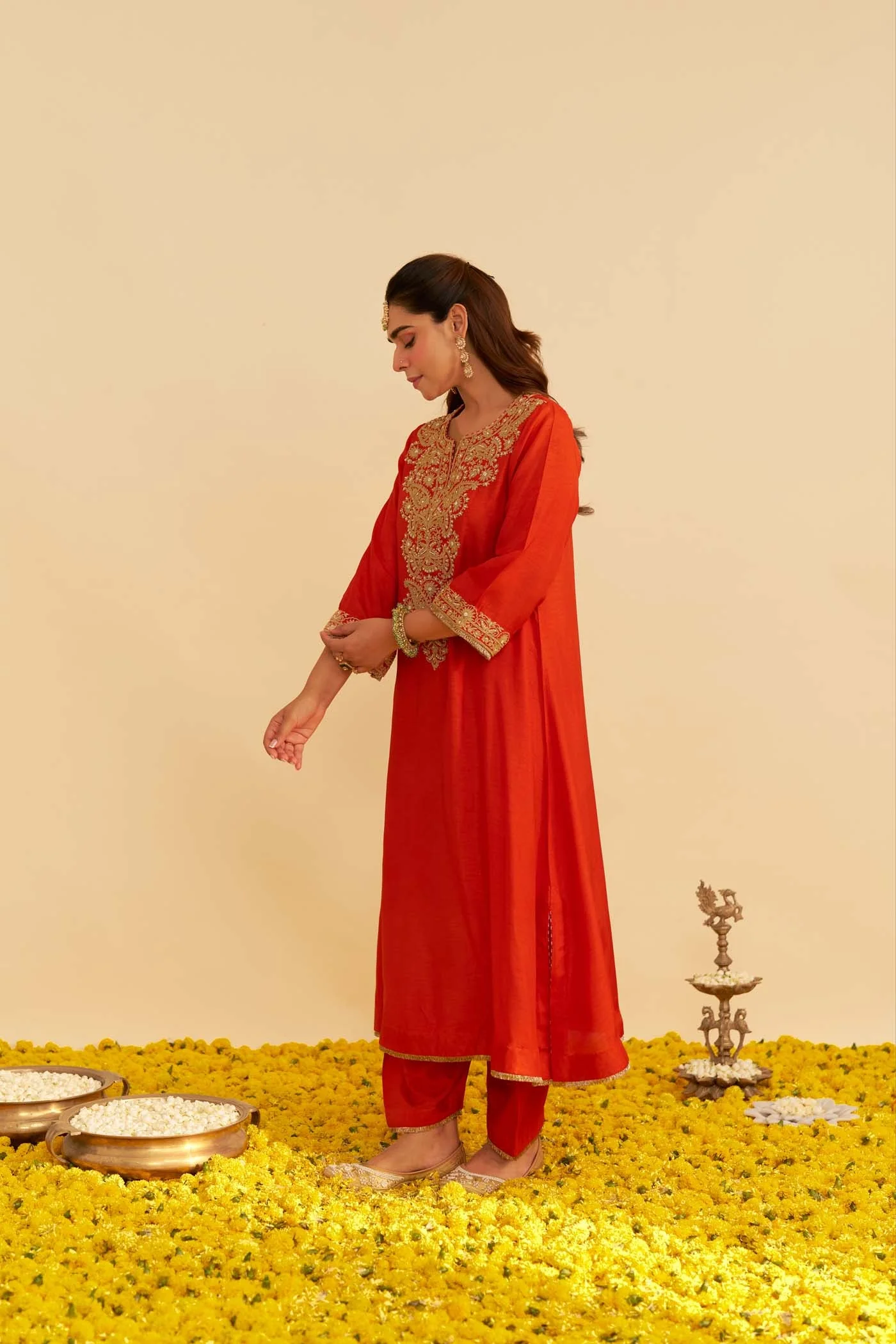 HIBA - BURNT ORANGE LONG KAFTAN WITH SALWAR AND DUPATTA (Lxrts) - Image 3