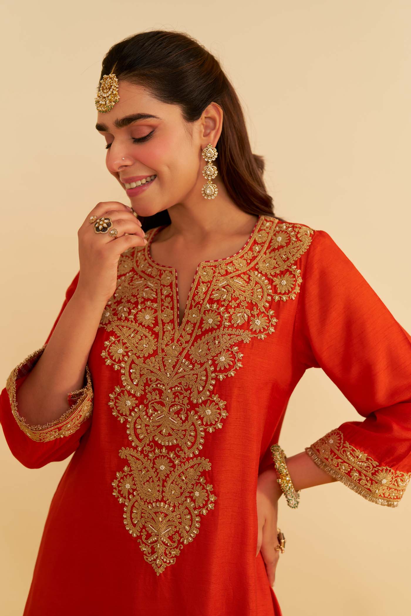 HIBA - BURNT ORANGE LONG KAFTAN WITH SALWAR AND DUPATTA (Lxrts) - Image 4